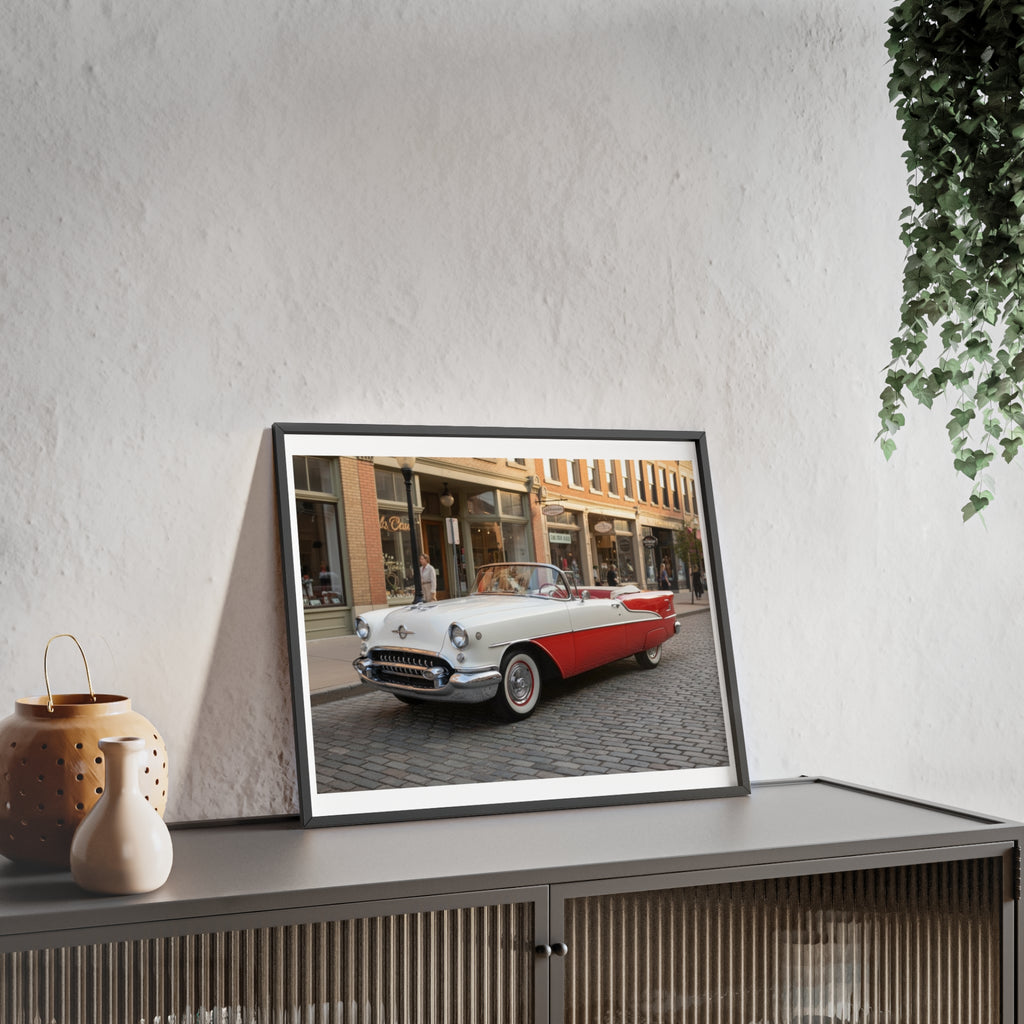 Vintage Red & White Convertible Poster with Wooden Frame — Retro Car Wall Art