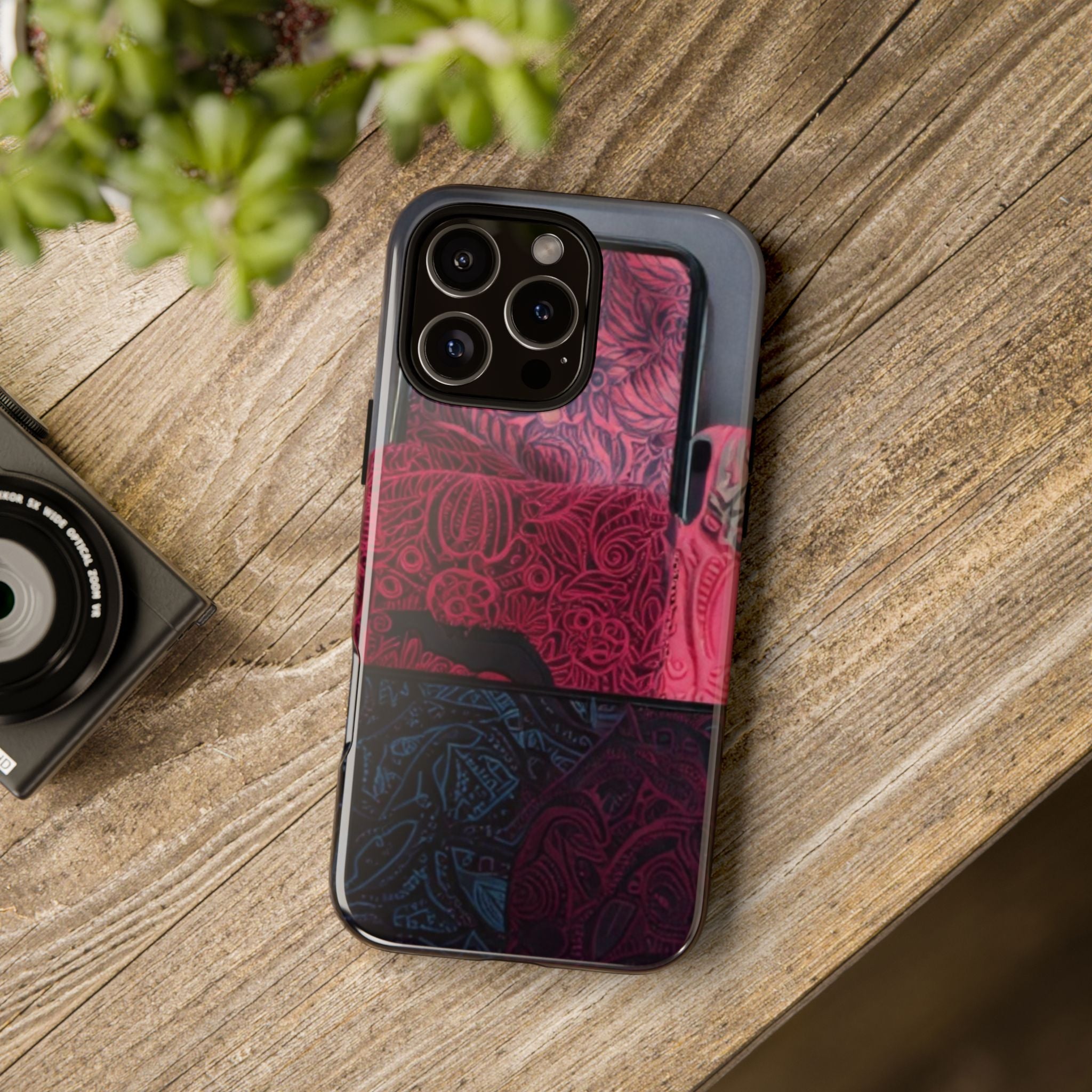 Floral Patchwork Tough Phone Case — Pink & Navy Doodle Design