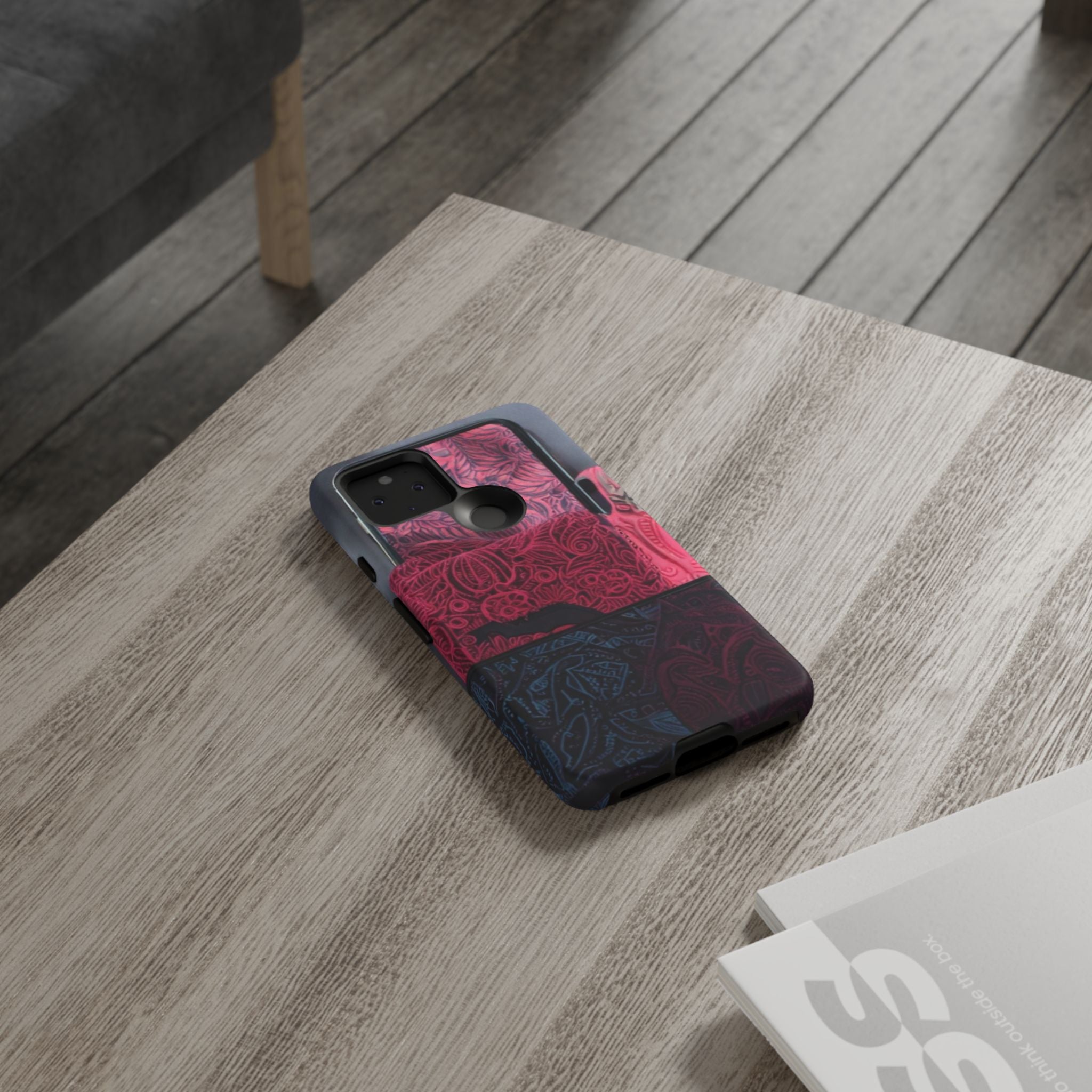 Floral Patchwork Tough Phone Case — Pink & Navy Doodle Design