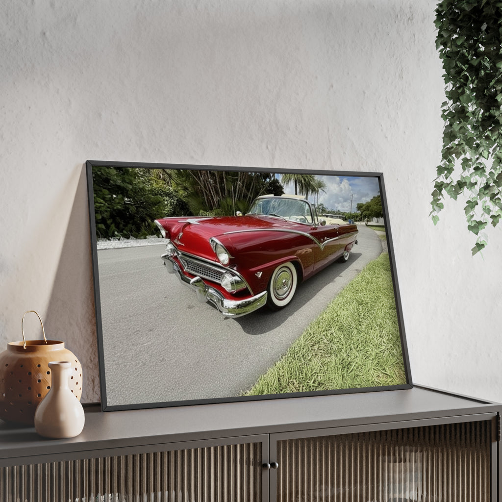 Vintage Red Convertible Poster with Wooden Frame — Classic Car Wall Art