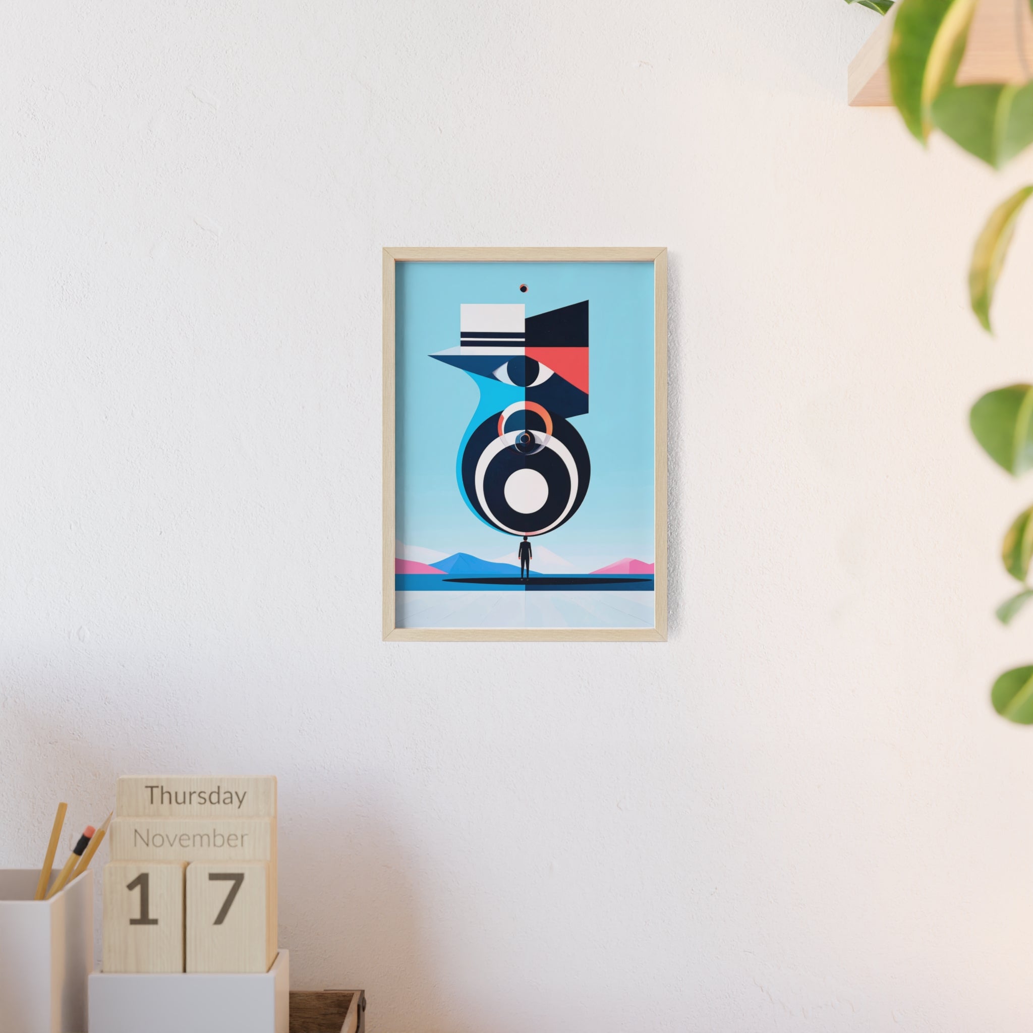 Abstract Geometric Bird Poster with Wooden Frame — Modern Minimalist Wall Art