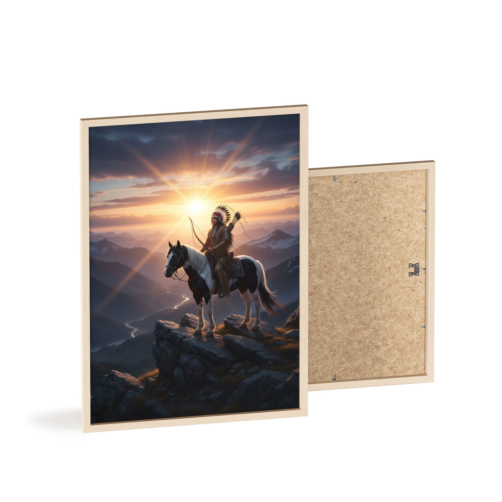 Native American Warrior on Horse Framed Poster — Scenic Sunrise Wall Art