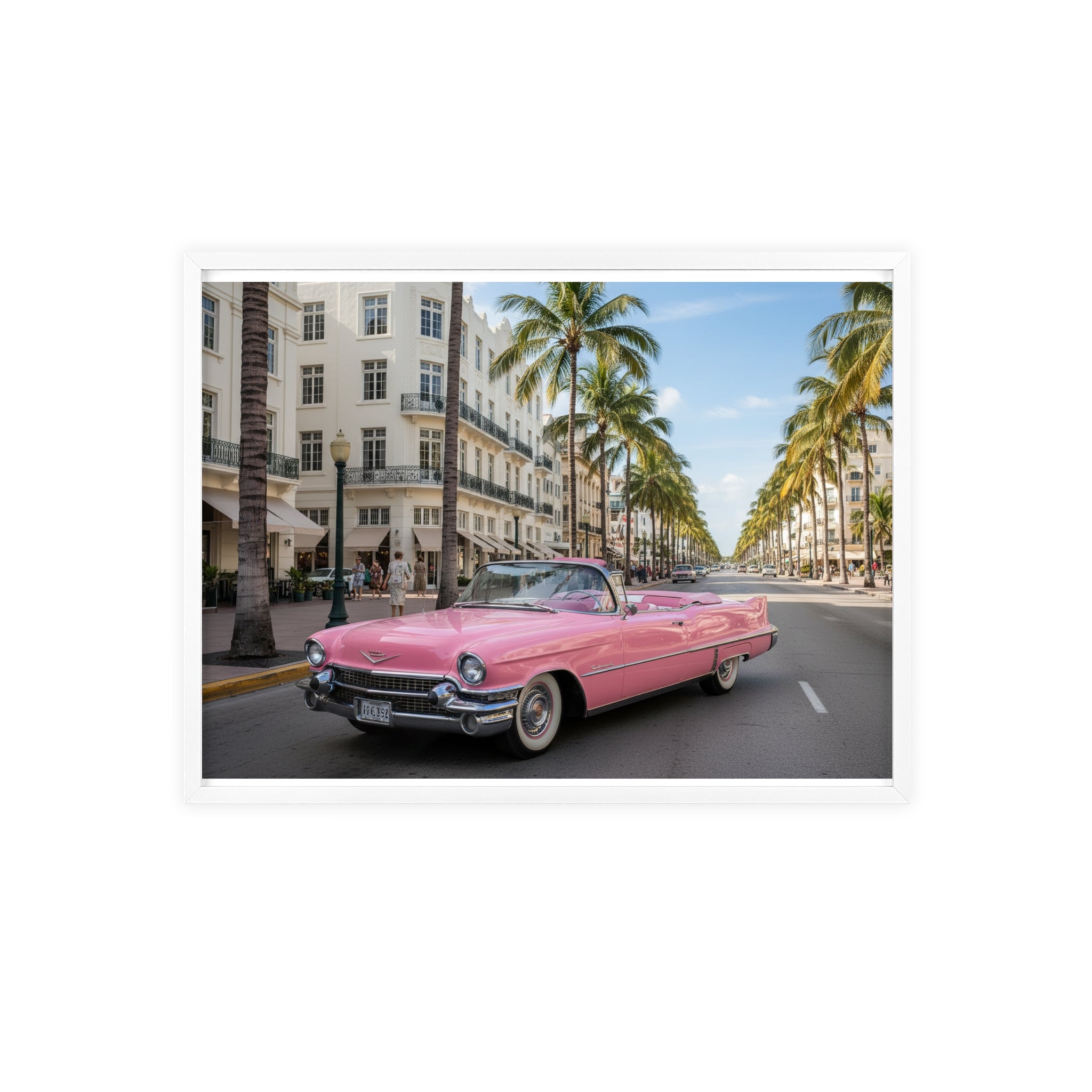 Vintage Pink Cadillac Wall Poster with Wooden Frame — Retro Miami Palm Street Photography