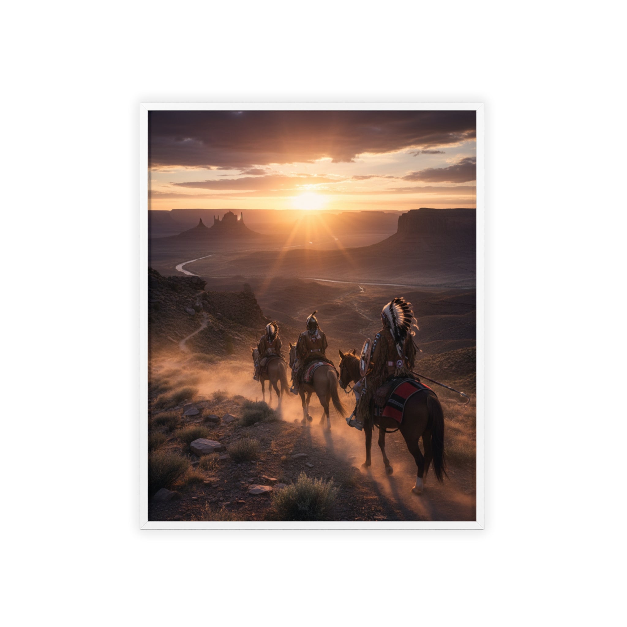 Framed Western Sunset Poster — Native Riders on Horseback Wall Art