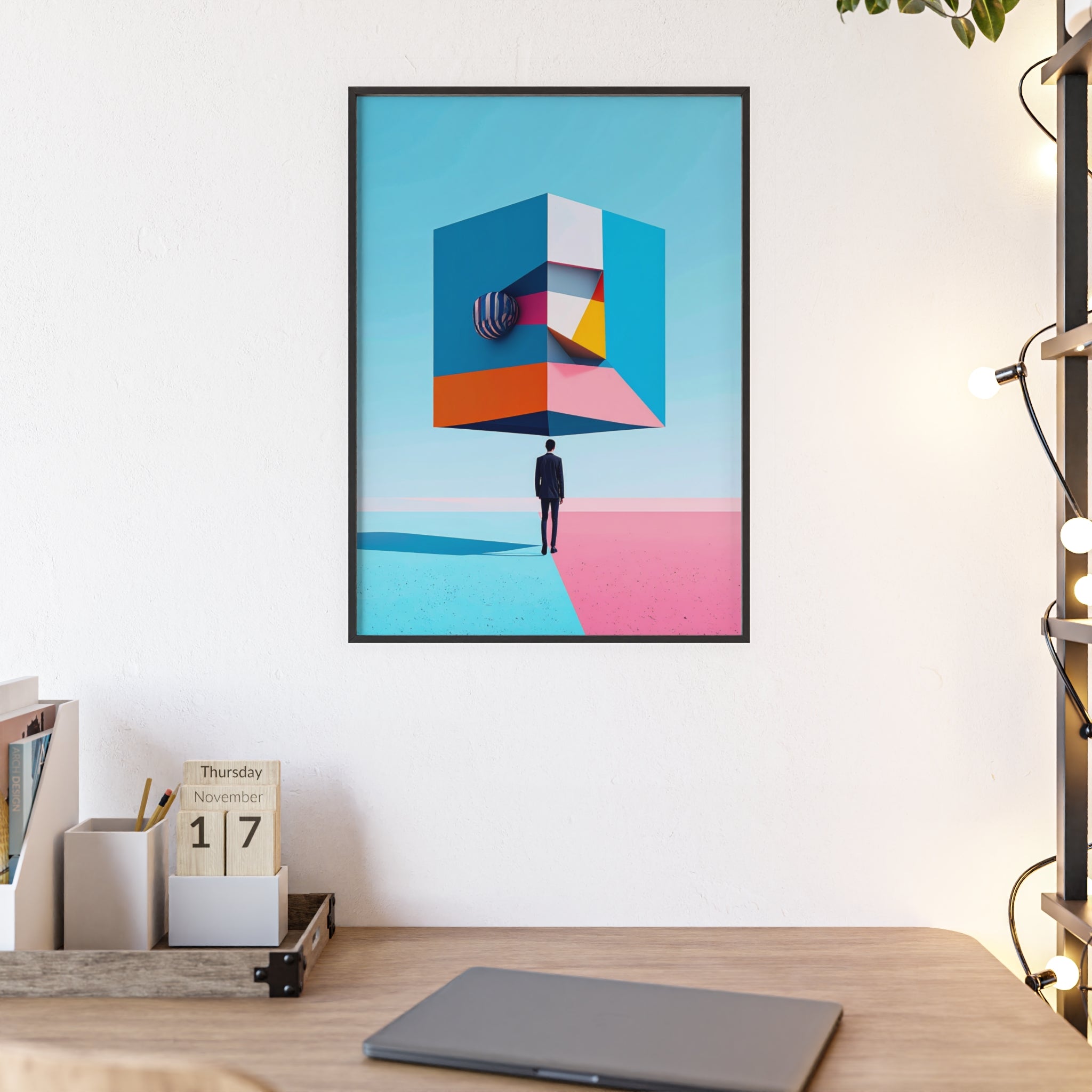 Surreal Geometric Art Poster with Wooden Frame — Modern Minimal Wall Decor