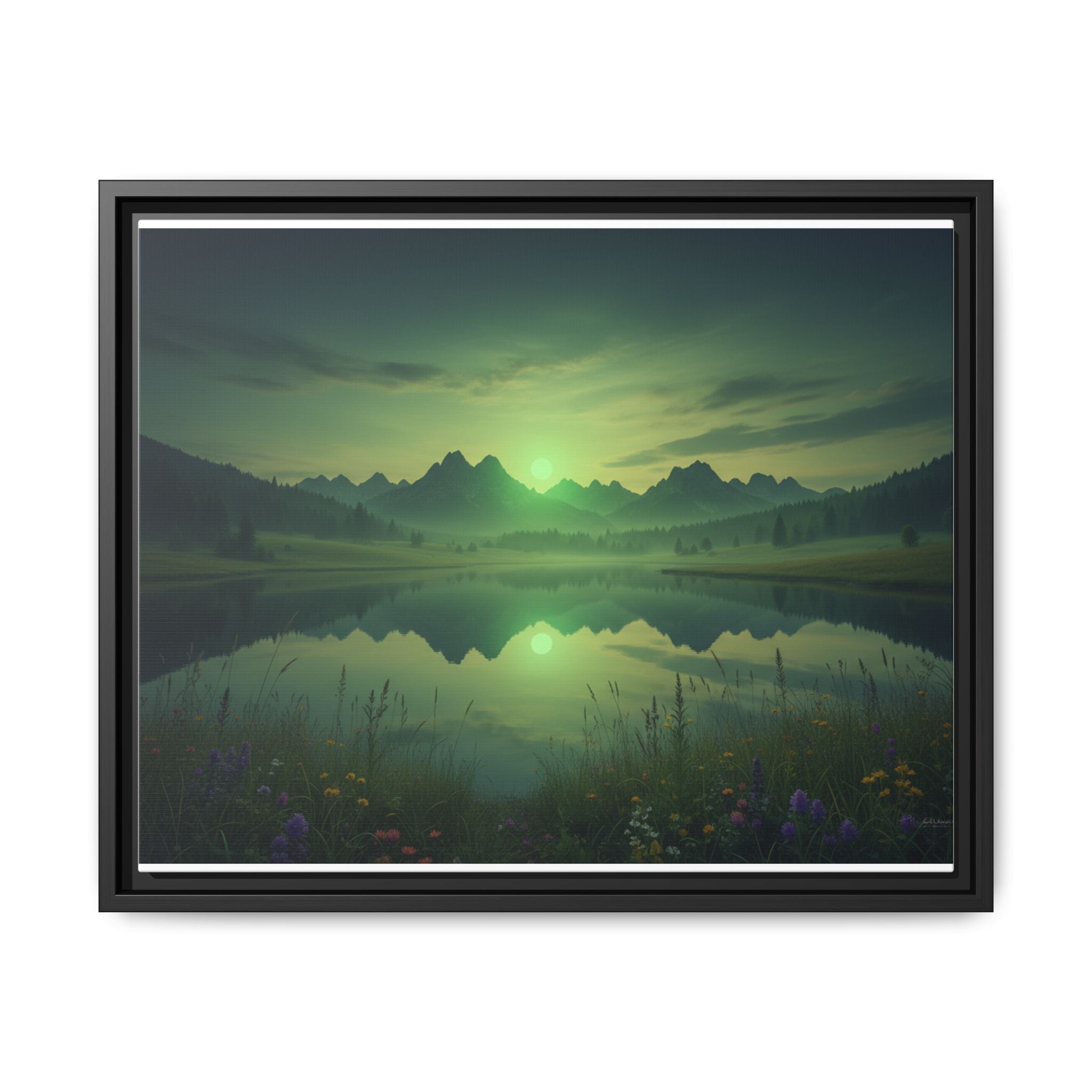 Framed Matte Canvas Print — Serene Green Mountain Lake Landscape