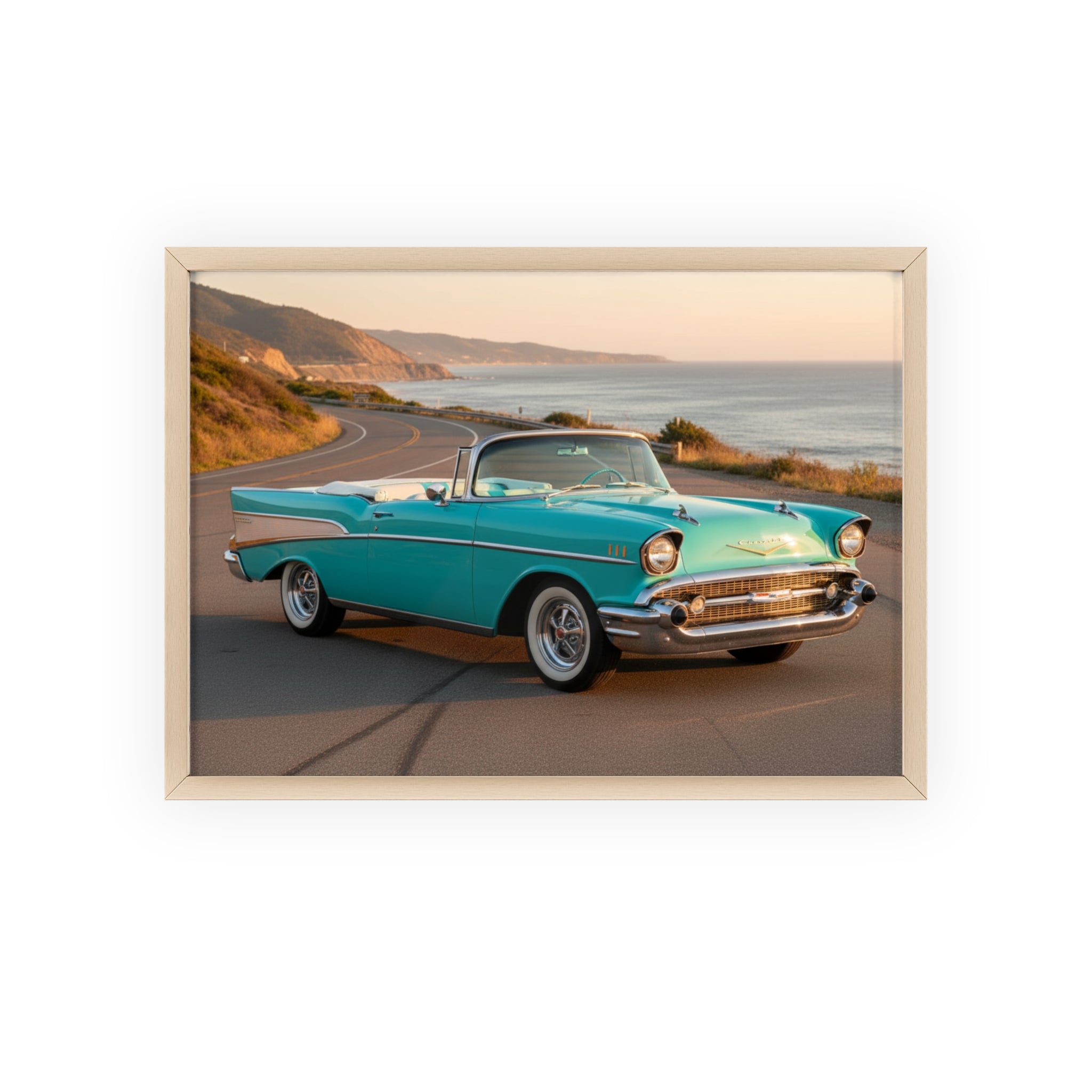 Vintage Teal Classic Car Poster with Wooden Frame — Coastal Road Print