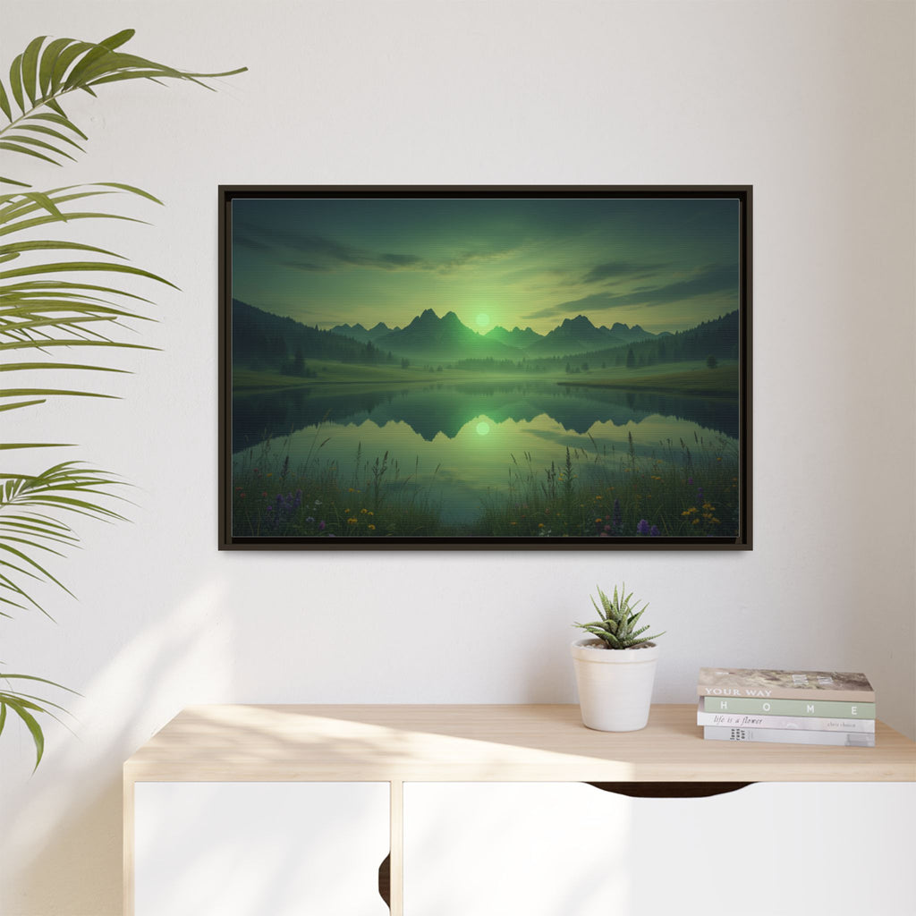 Framed Matte Canvas Print — Serene Green Mountain Lake Landscape