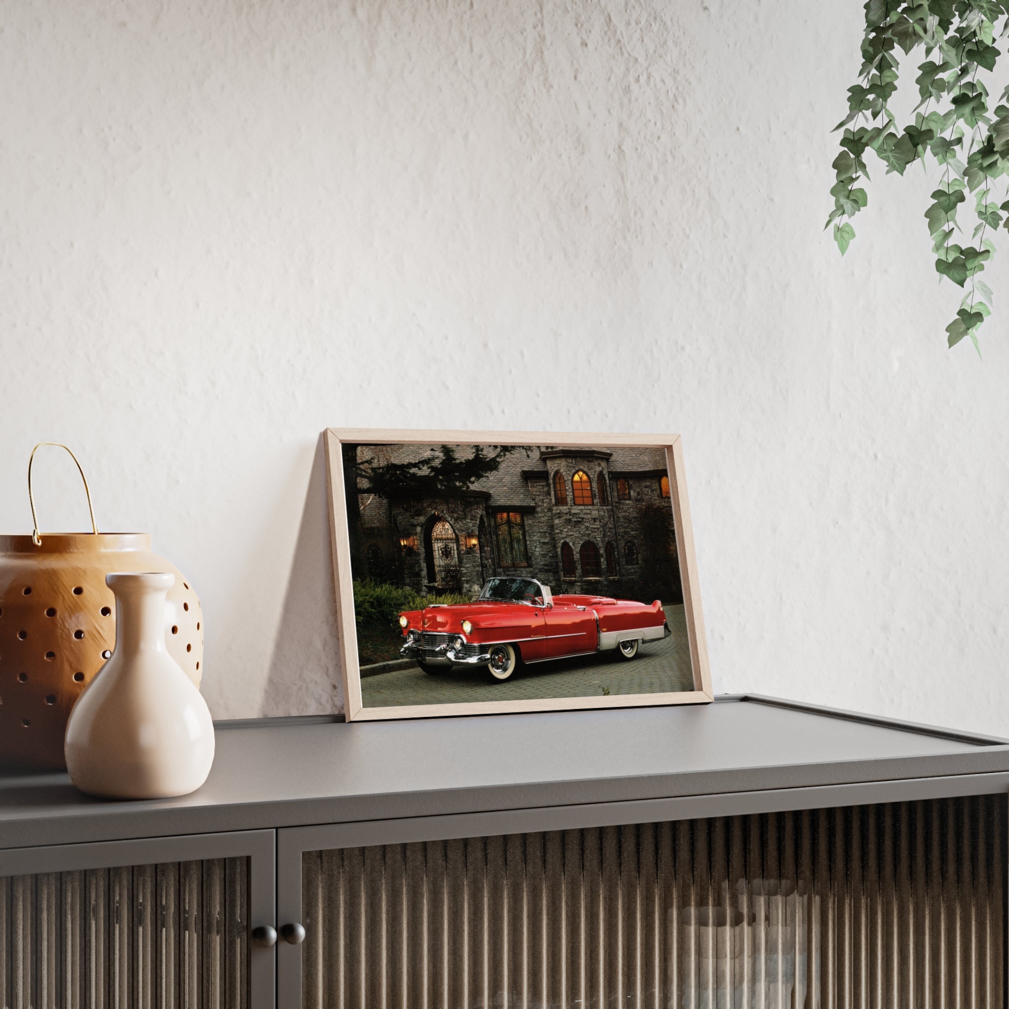 Vintage Red Convertible Poster with Wooden Frame — Classic Car Wall Art