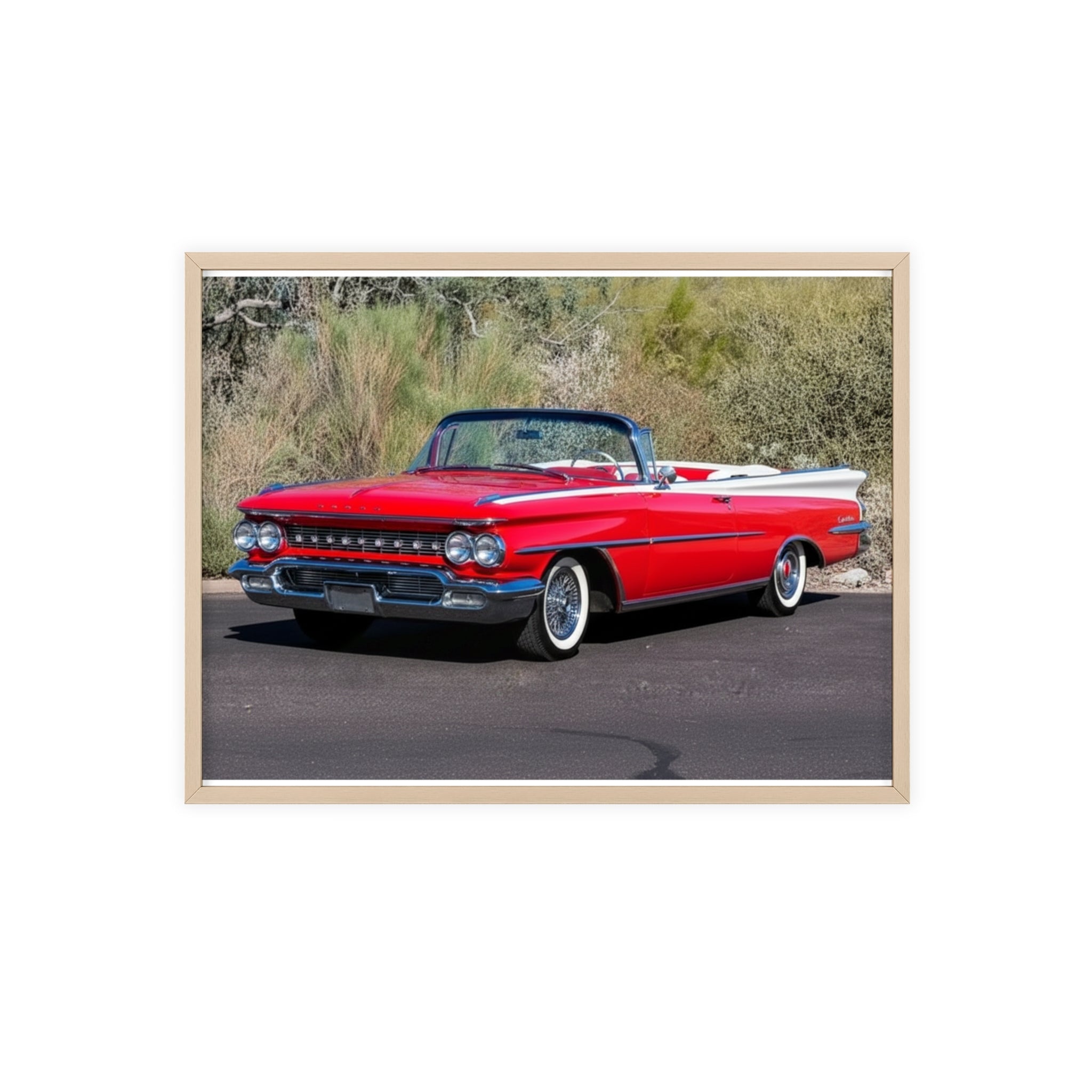 Vintage Red Convertible Car Poster with Wooden Frame — Classic Auto Wall Art