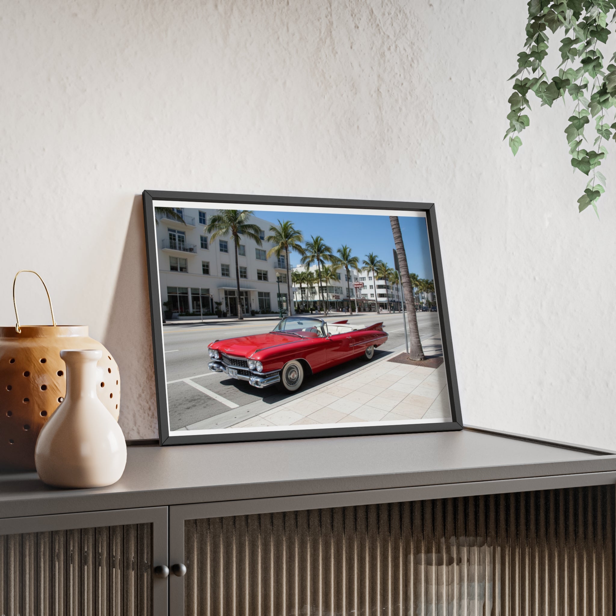 Retro Red Convertible Palm Beach Poster with Wooden Frame
