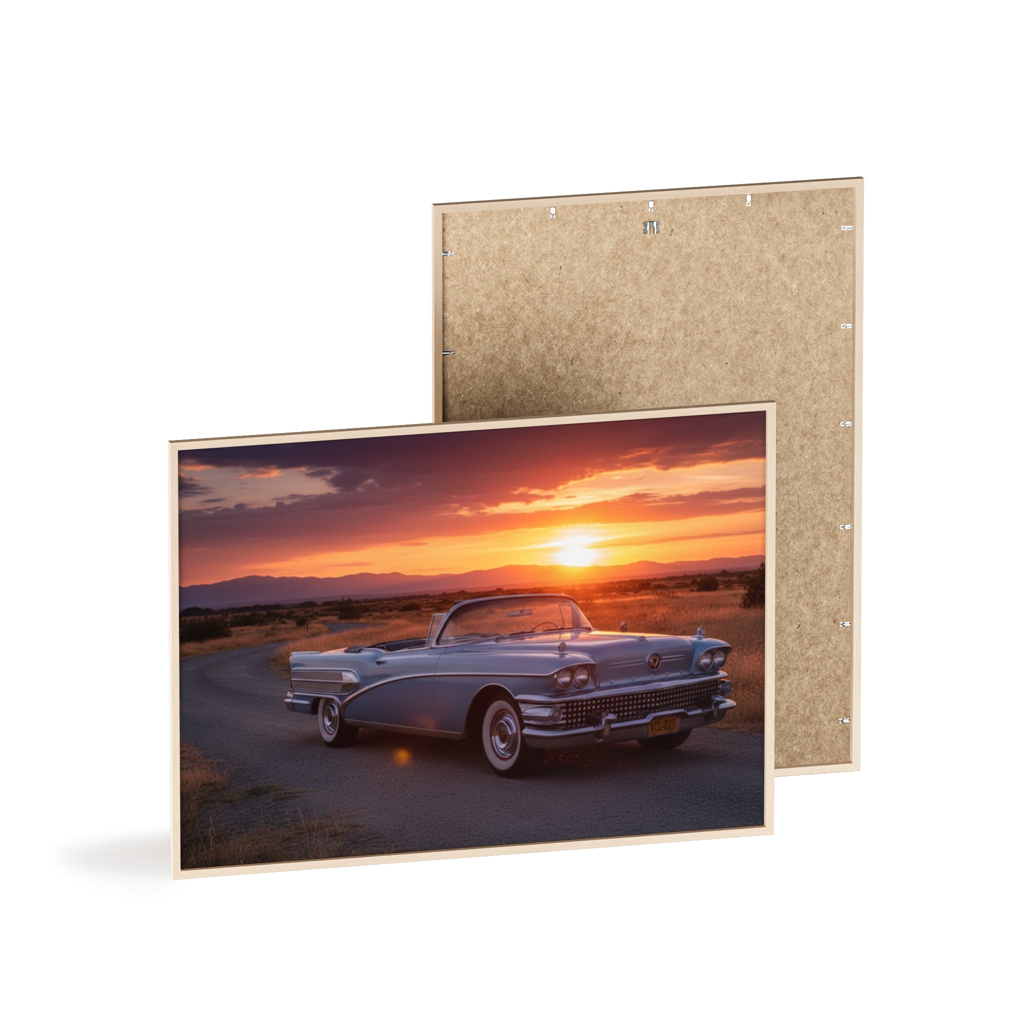 Vintage Convertible Sunset Poster with Wooden Frame