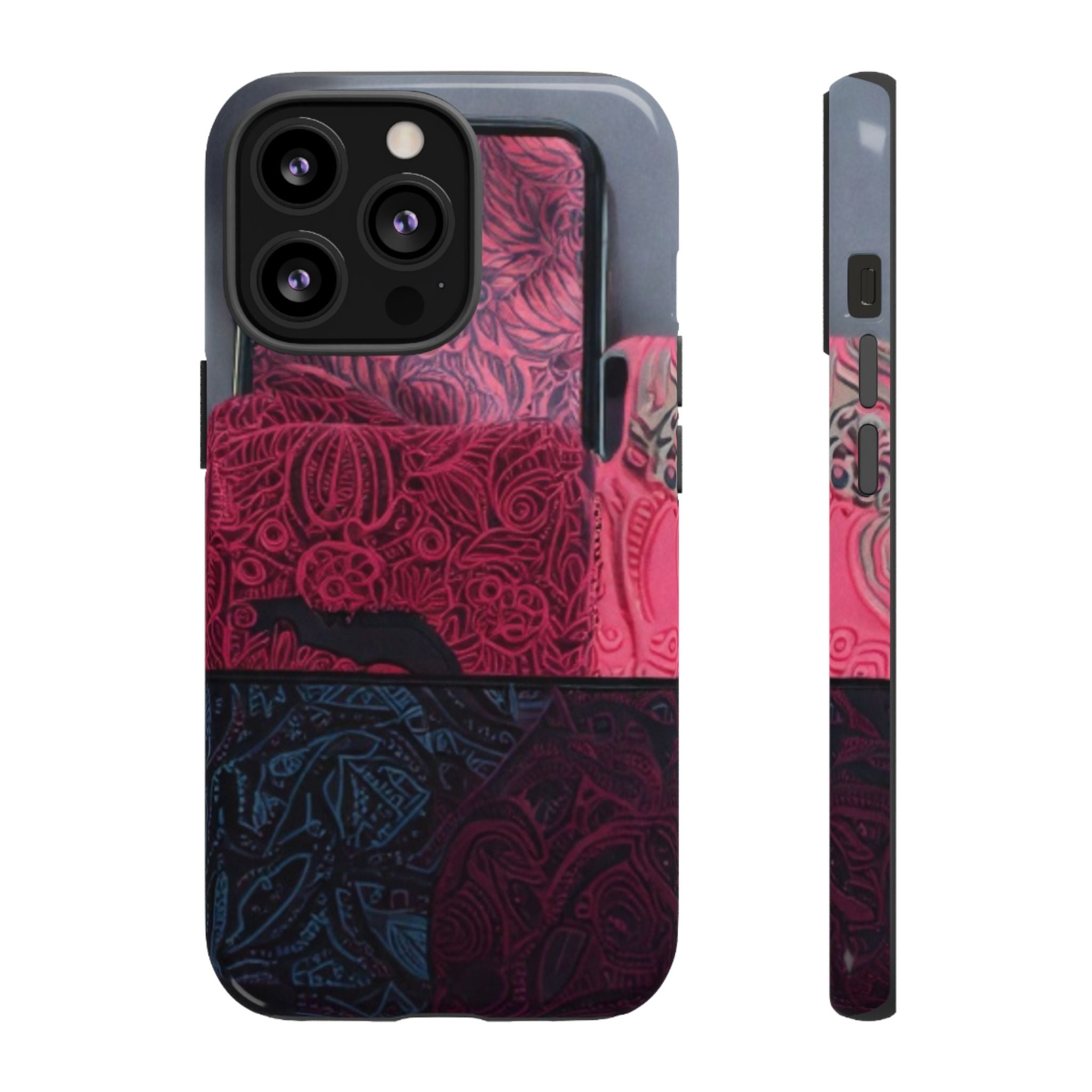 Floral Patchwork Tough Phone Case — Pink & Navy Doodle Design