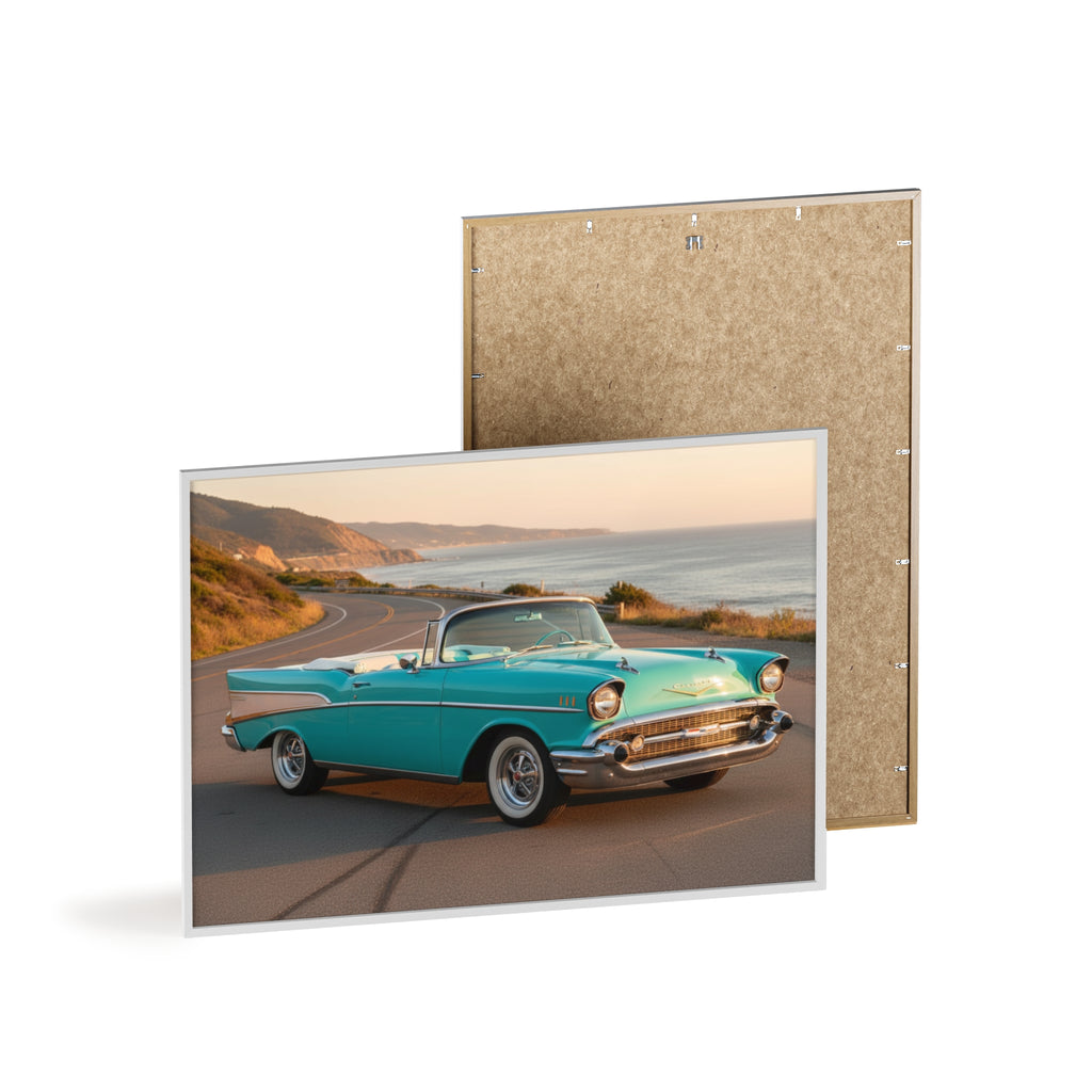 Vintage Teal Classic Car Poster with Wooden Frame — Coastal Road Print