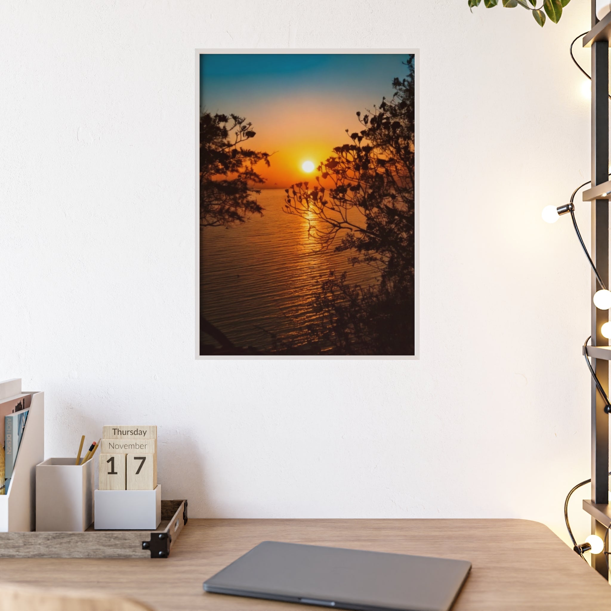 Sunset Coastal Poster with Wooden Frame — Framed Beach Wall Art
