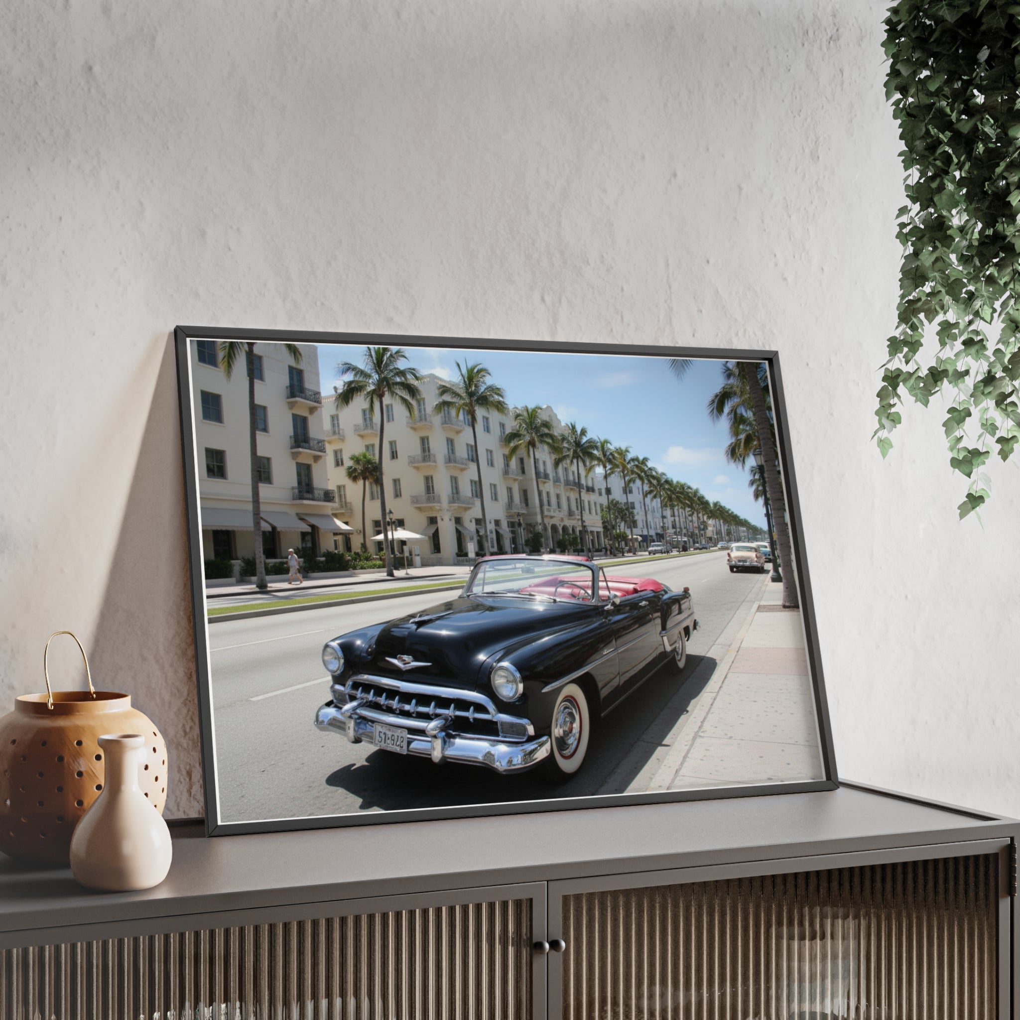 Vintage Convertible on Ocean Drive Framed Poster – Retro Classic Car Wall Art