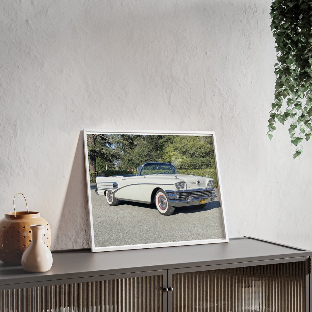Classic White Convertible Car Poster with Wooden Frame — Vintage Auto Wall Art