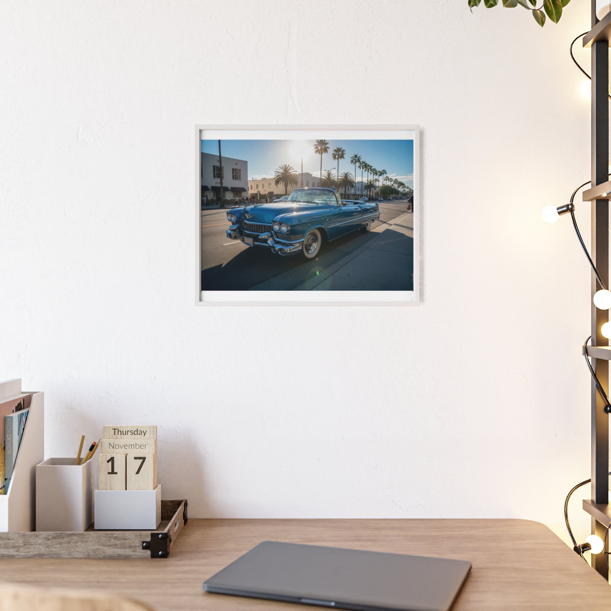 Framed Vintage Cadillac Poster – Retro Palm-Tree Coastal Car Wall Art