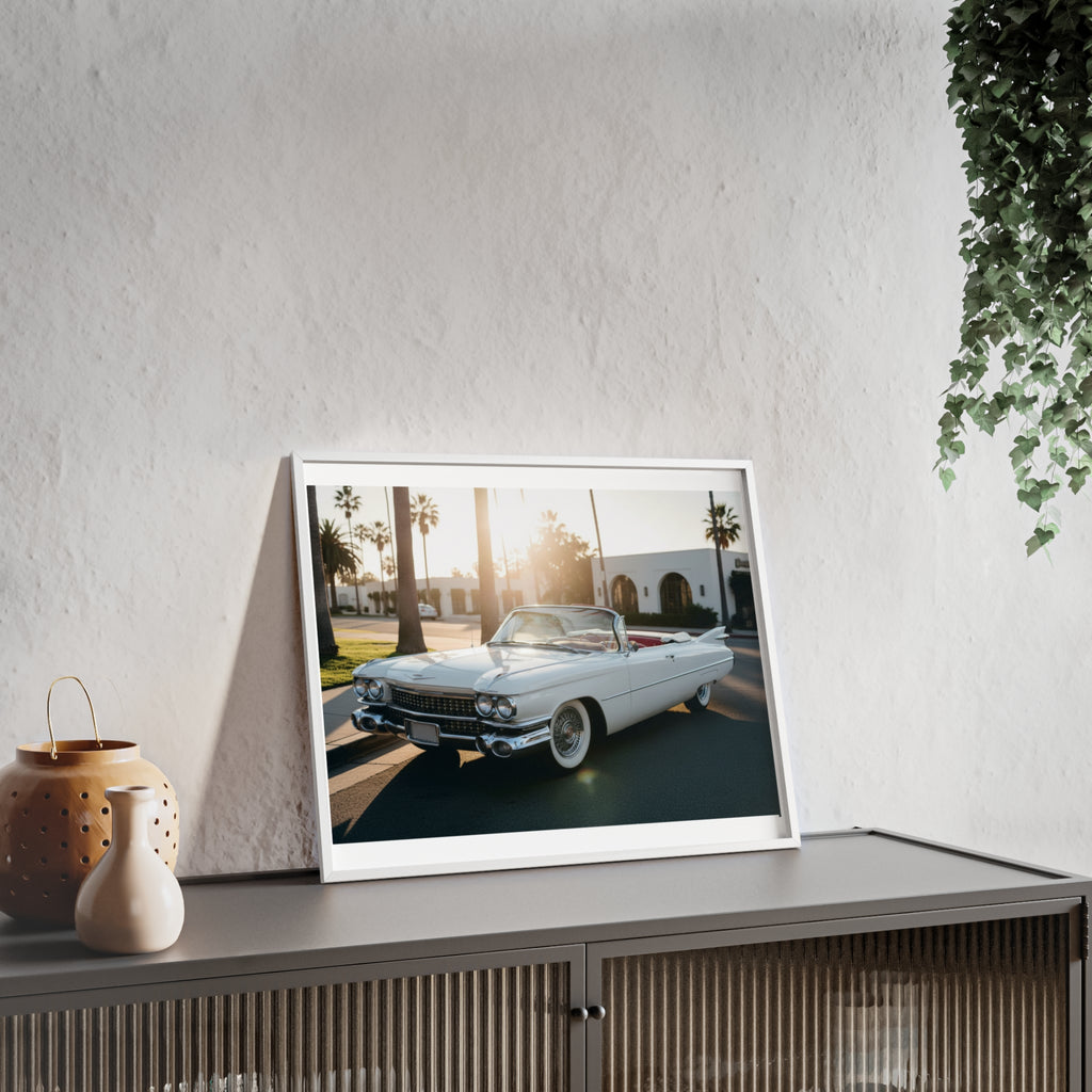 Vintage Cadillac Convertible Poster with Wooden Frame — Retro Palm Trees Sunset Wall Art