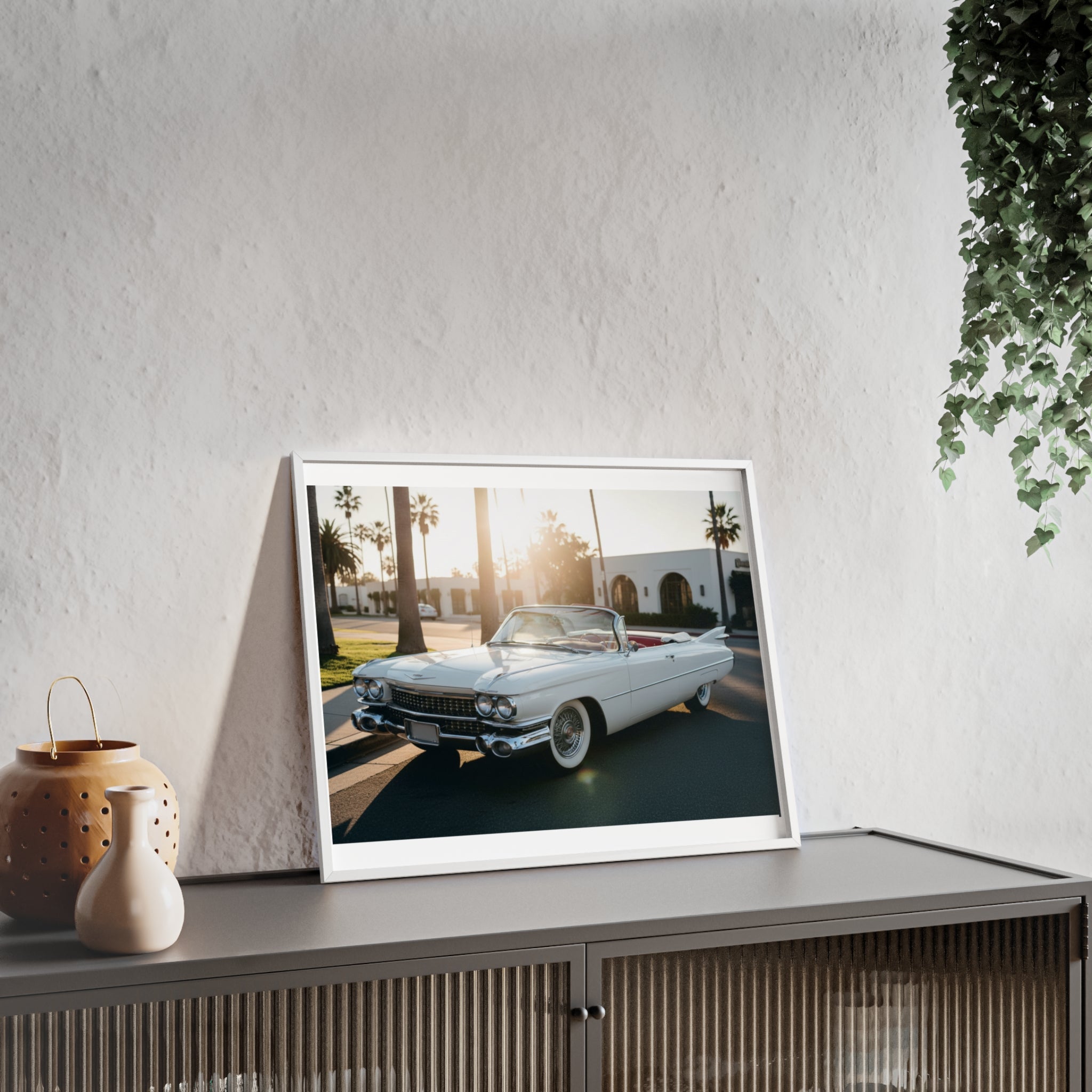 Vintage Cadillac Convertible Poster with Wooden Frame — Retro Palm Trees Sunset Wall Art