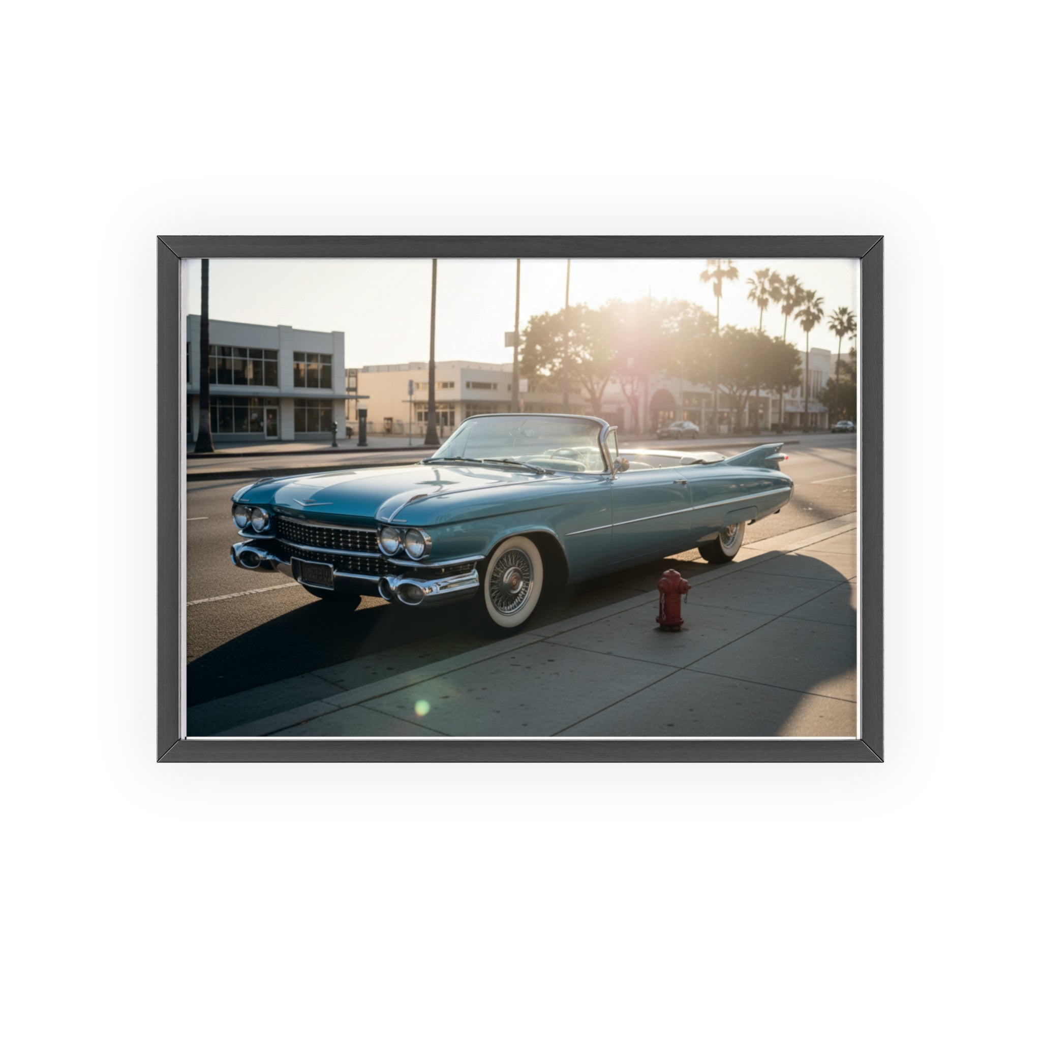 Vintage Blue Cadillac Poster with Wooden Frame – Retro Car Wall Art
