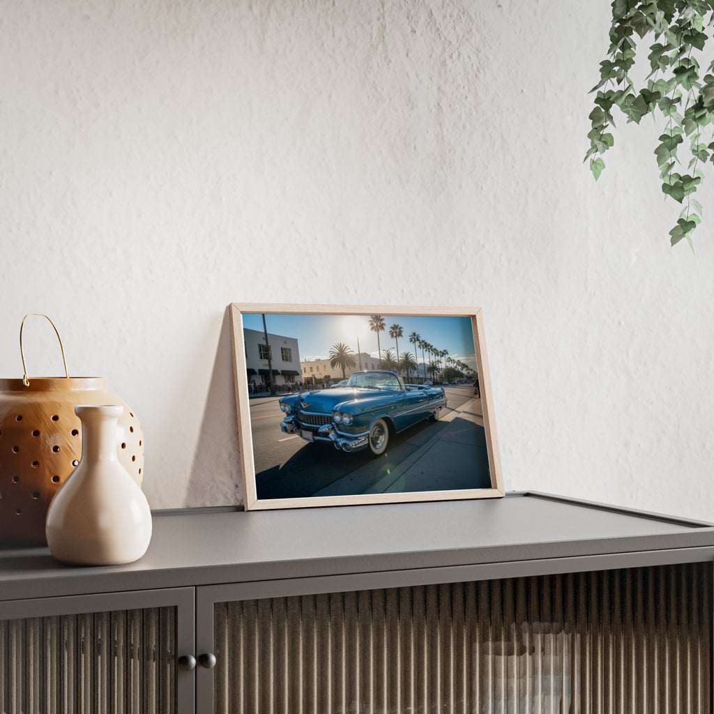 Framed Vintage Cadillac Poster – Retro Palm-Tree Coastal Car Wall Art