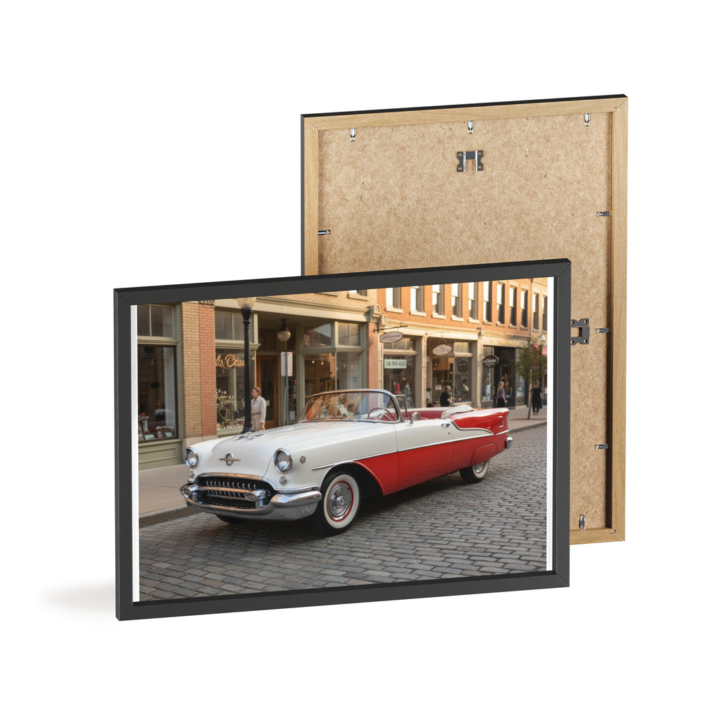 Vintage Red & White Convertible Poster with Wooden Frame — Retro Car Wall Art
