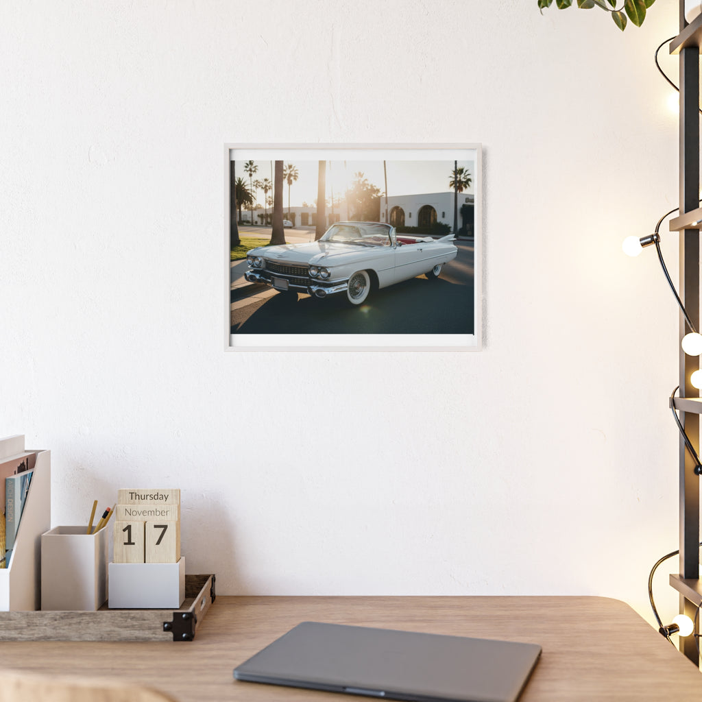Vintage Cadillac Convertible Poster with Wooden Frame — Retro Palm Trees Sunset Wall Art