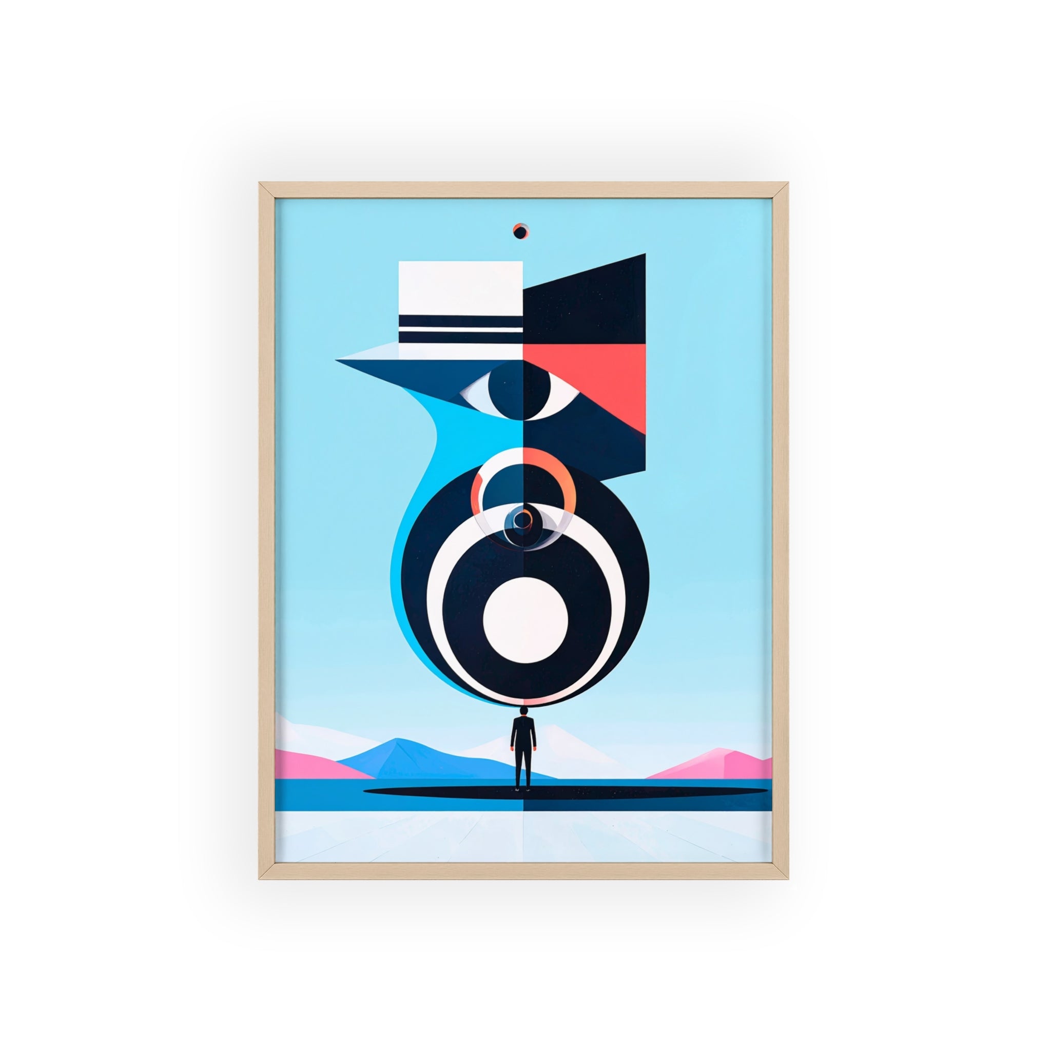 Abstract Geometric Bird Poster with Wooden Frame — Modern Minimalist Wall Art