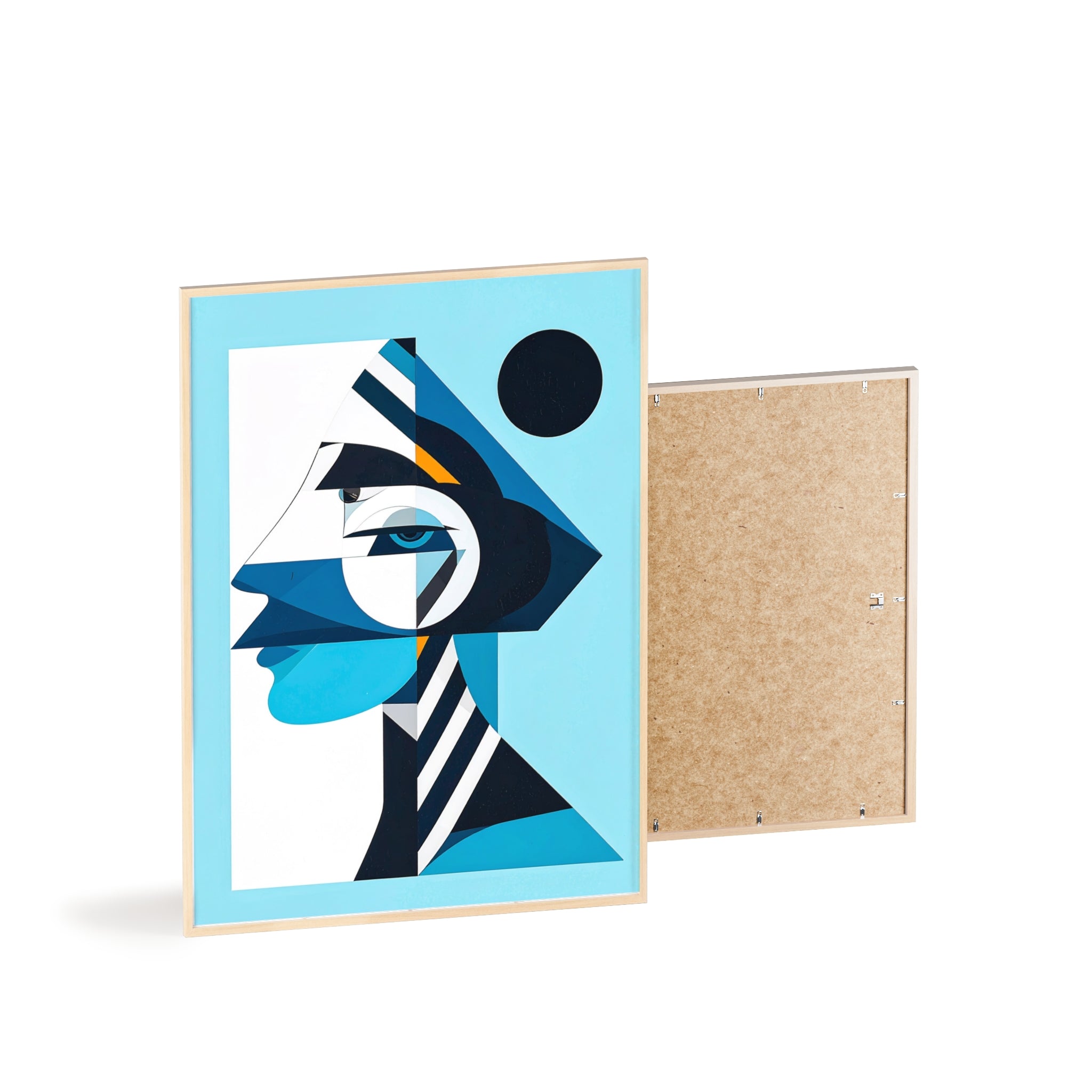 Abstract Geometric Portrait Poster with Wooden Frame — Blue Modern Wall Art