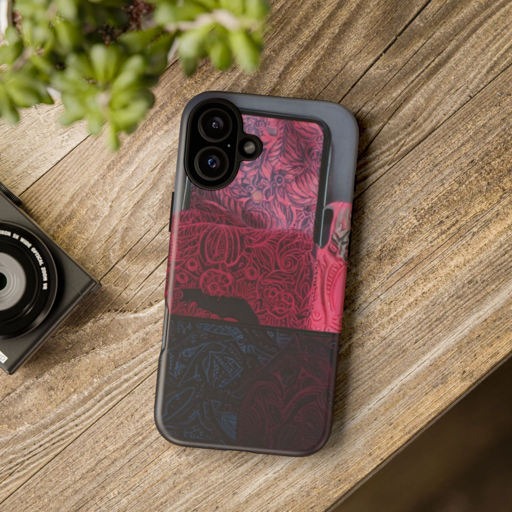 Floral Patchwork Tough Phone Case — Pink & Navy Doodle Design
