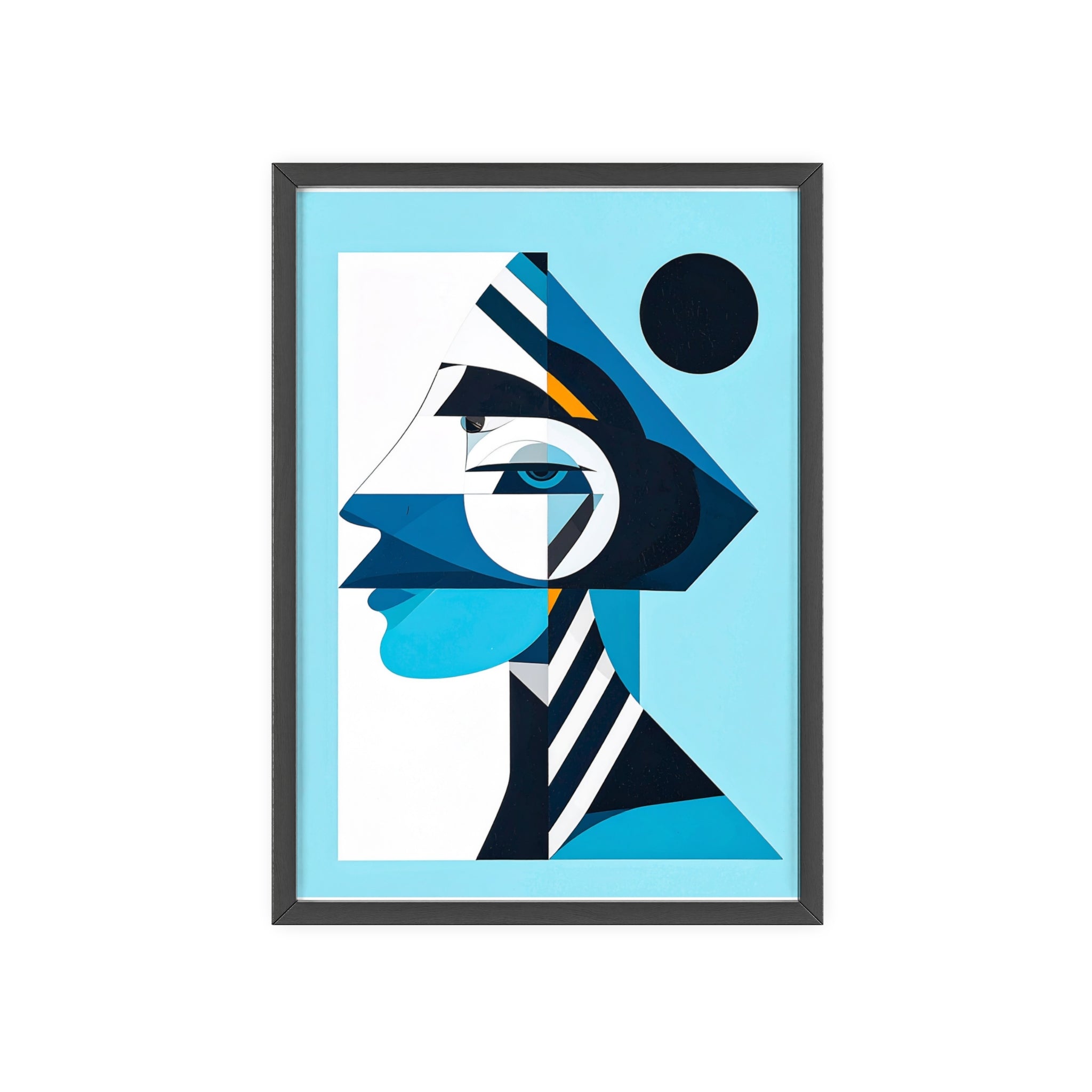 Abstract Geometric Portrait Poster with Wooden Frame — Blue Modern Wall Art