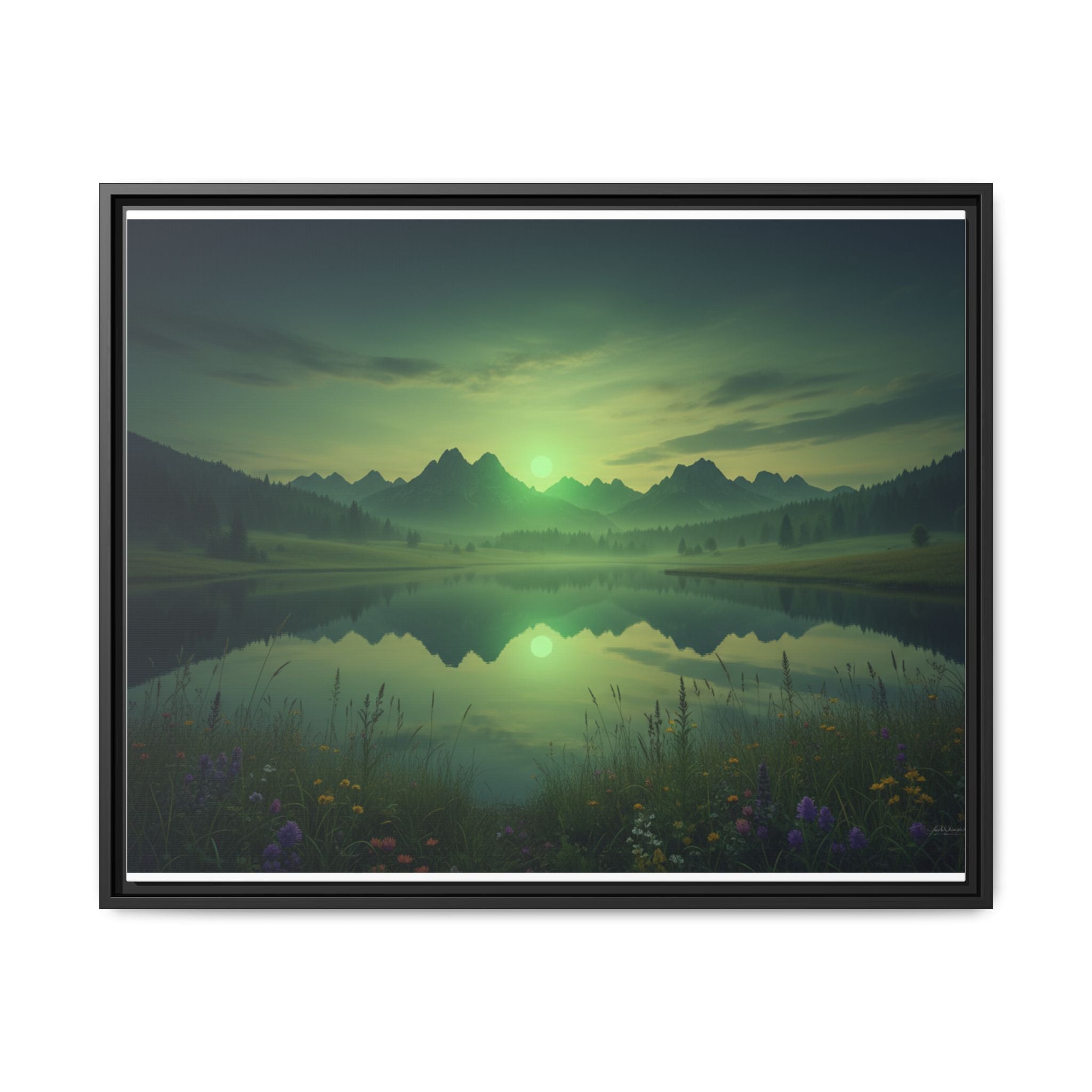 Framed Matte Canvas Print — Serene Green Mountain Lake Landscape