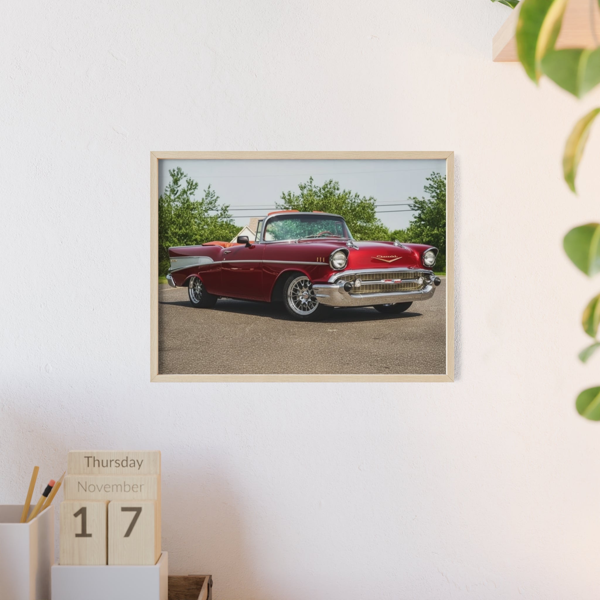 Vintage Red Classic Car Poster with Wooden Frame — Retro Automotive Wall Art