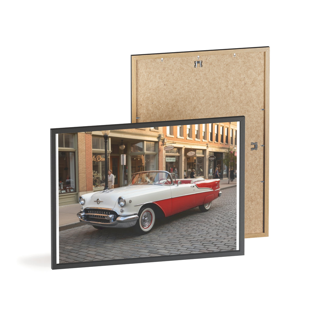 Vintage Red & White Convertible Poster with Wooden Frame — Retro Car Wall Art