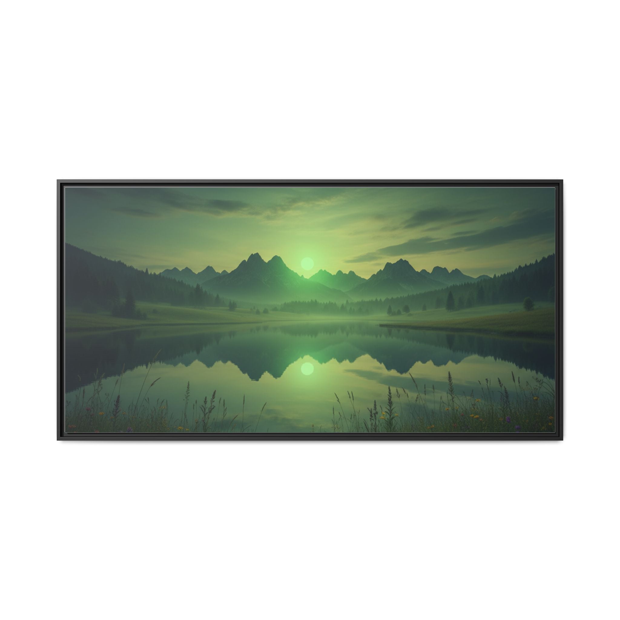 Framed Matte Canvas Print — Serene Green Mountain Lake Landscape