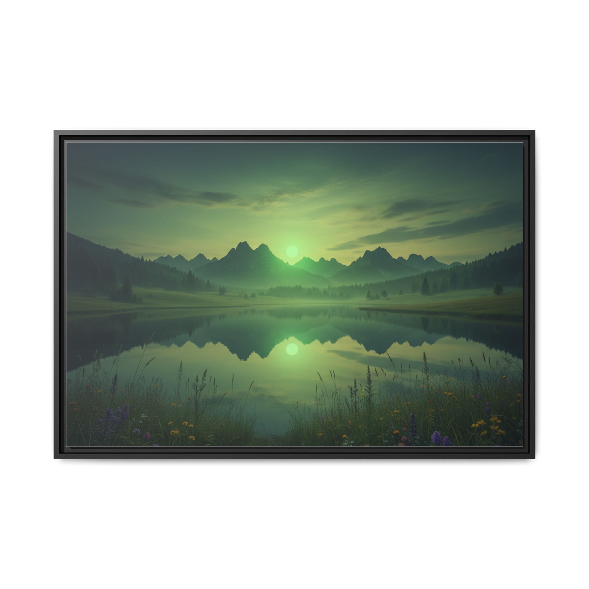 Framed Matte Canvas Print — Serene Green Mountain Lake Landscape