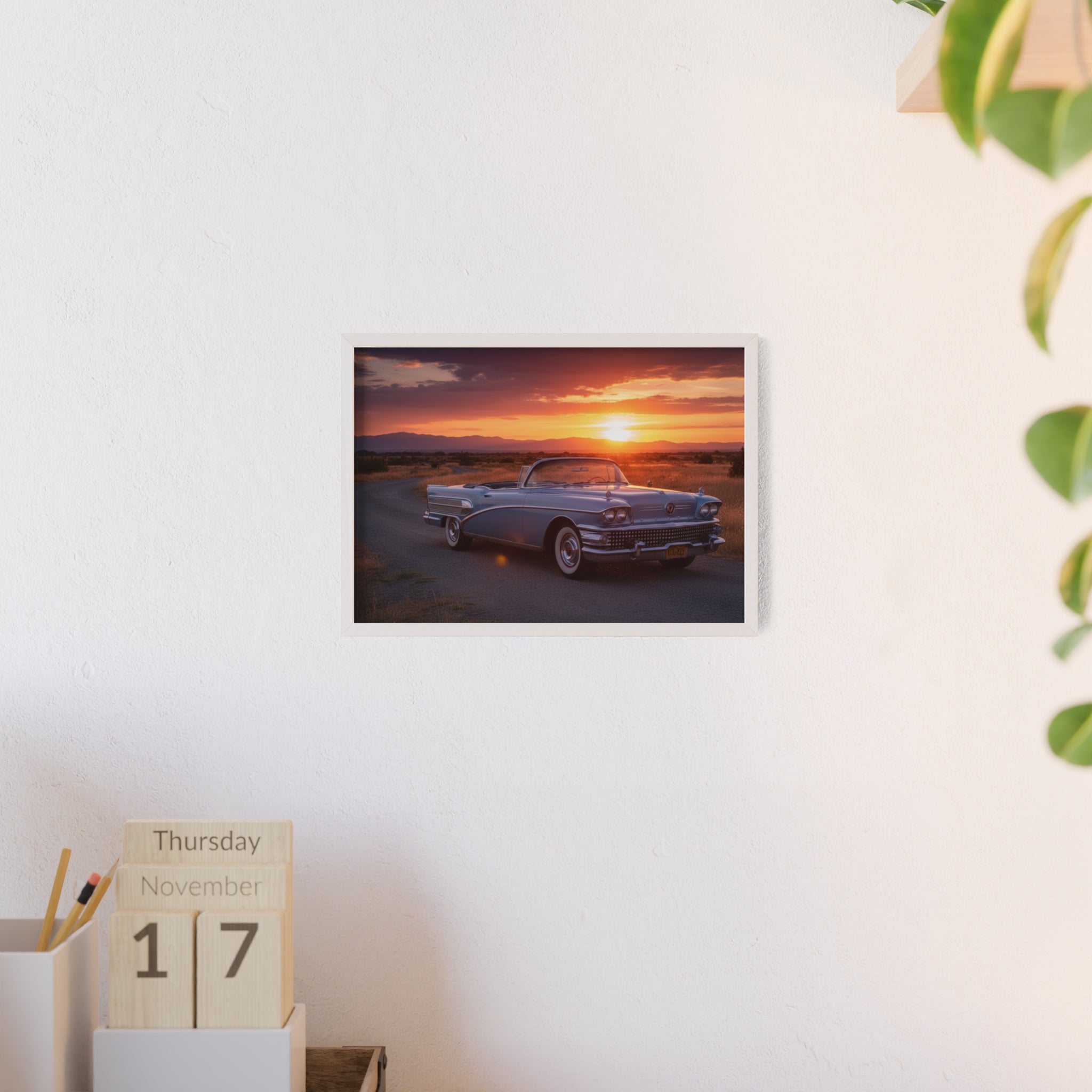 Vintage Convertible Sunset Poster with Wooden Frame