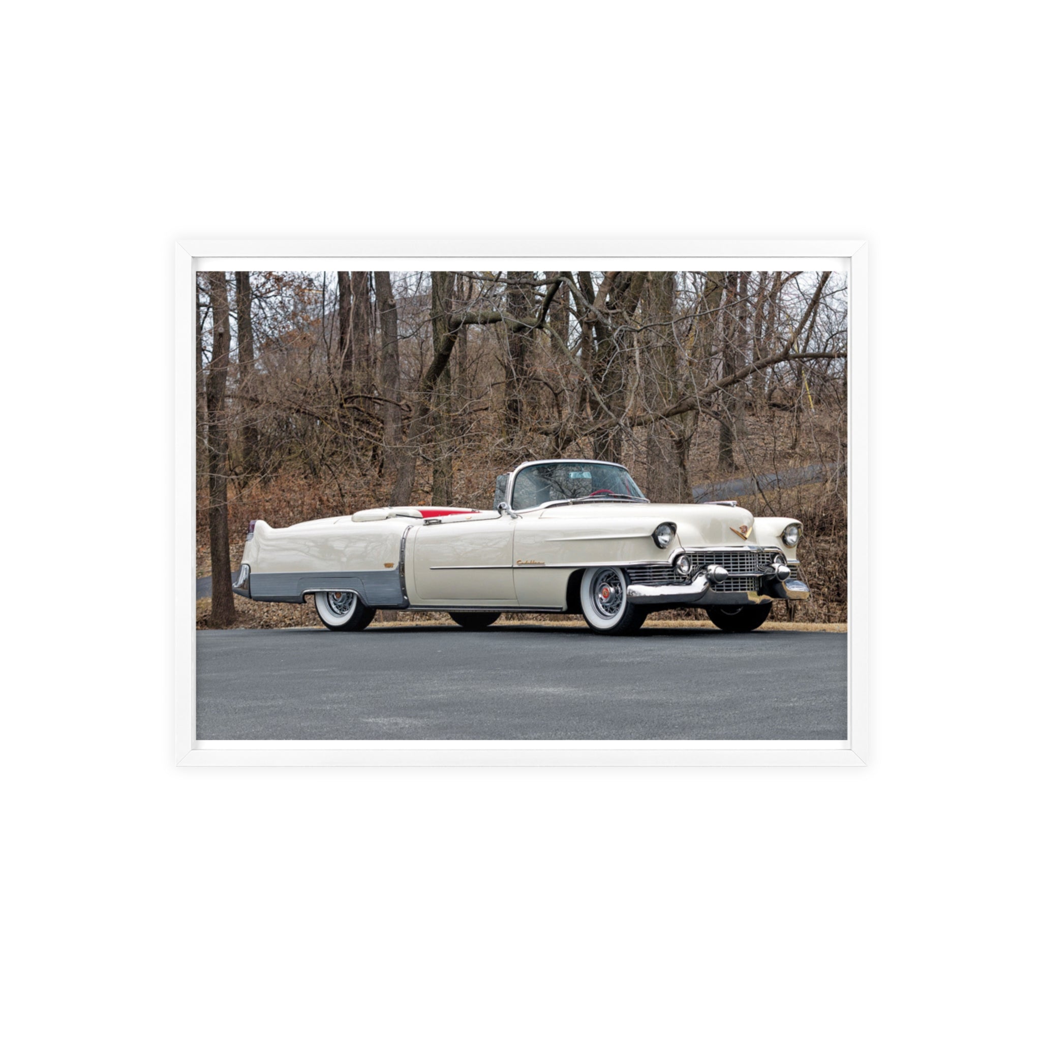 Vintage 1950s White Cadillac Poster with Wooden Frame - Classic Car Wall Art