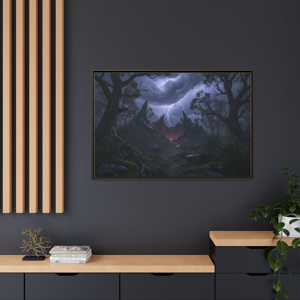Dark Storm Forest Framed Canvas Print — Lightning, Haunted Castle Art