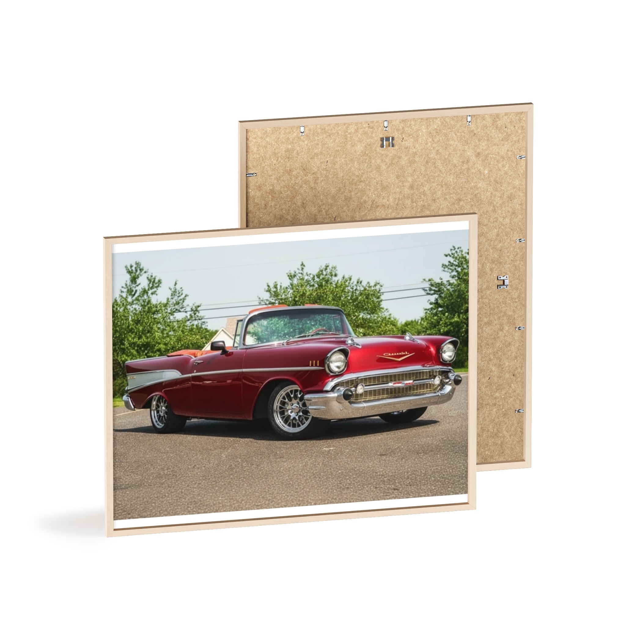 Vintage Red Classic Car Poster with Wooden Frame — Retro Automotive Wall Art