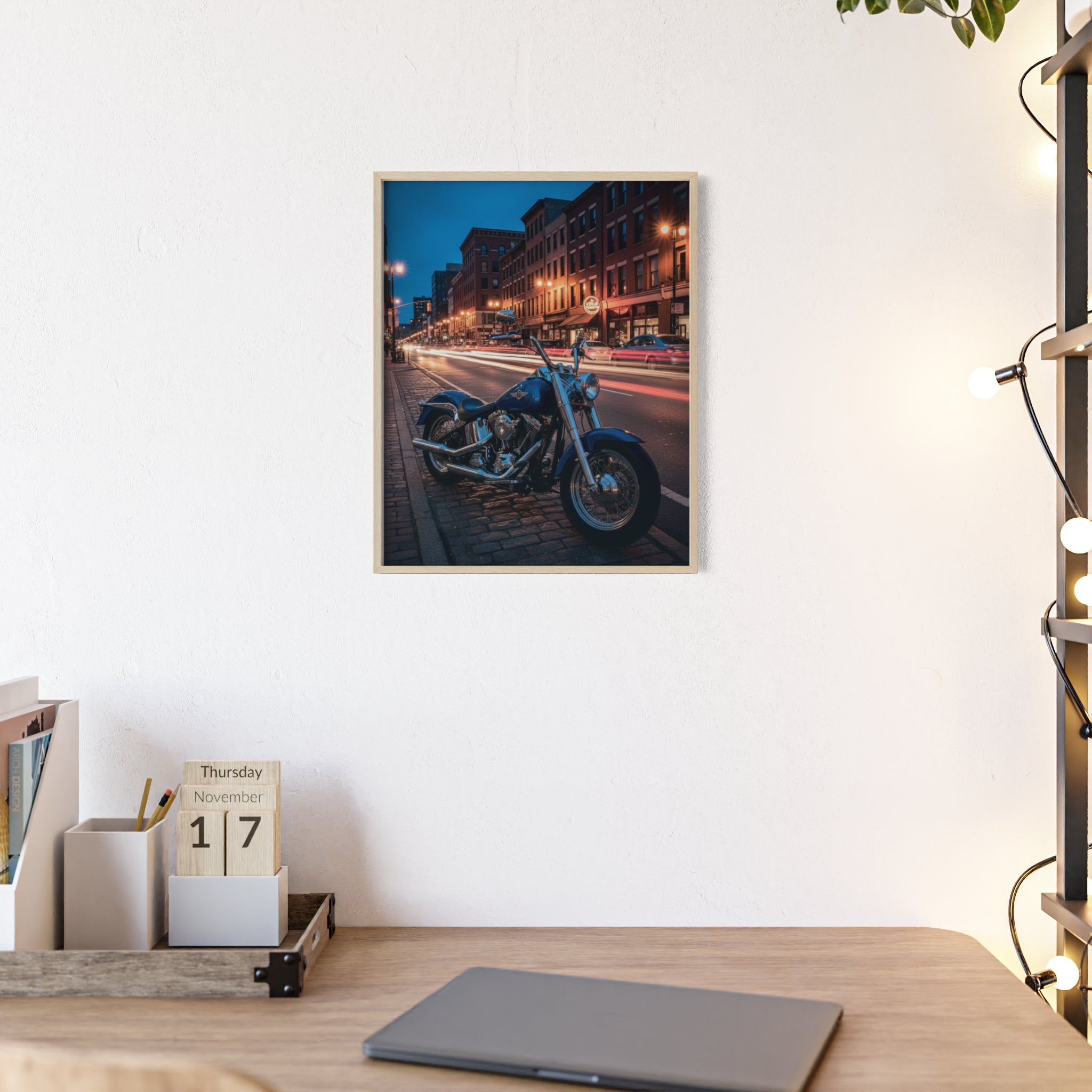 Framed Motorcycle Poster — Night City Street Bike Wall Art