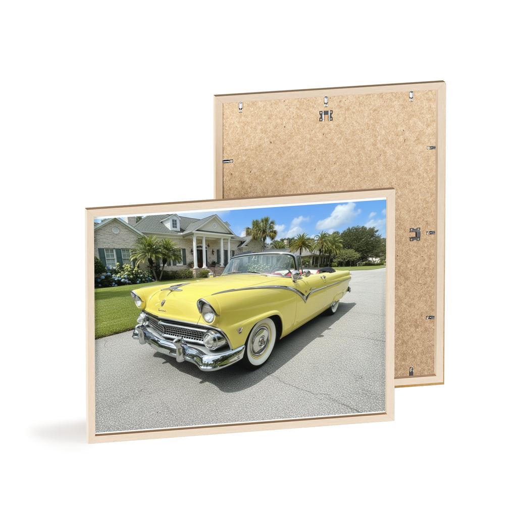 Vintage Yellow Classic Car Poster — Framed Wooden Wall Art