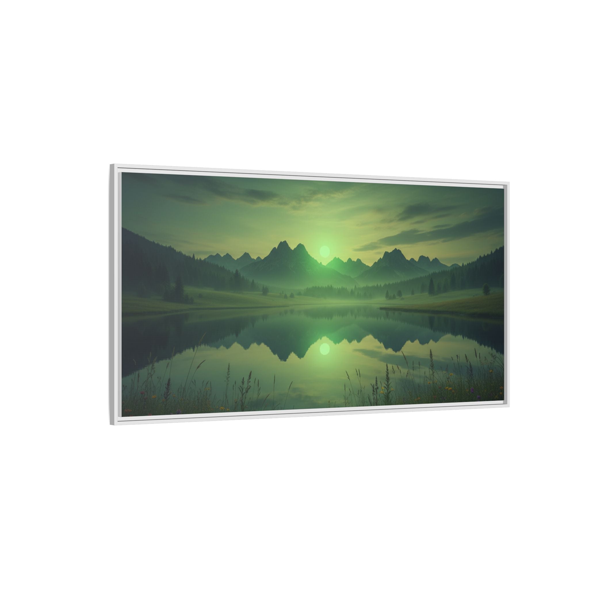 Framed Matte Canvas Print — Serene Green Mountain Lake Landscape