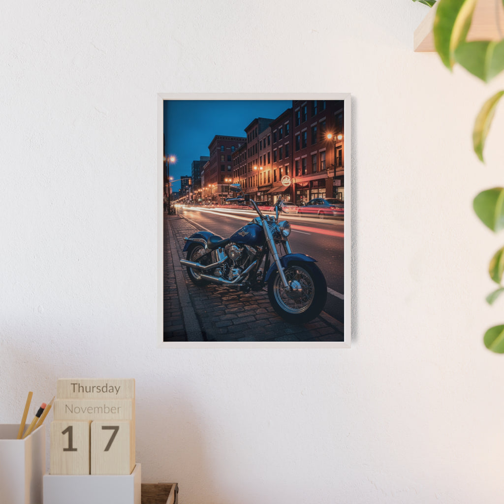 Framed Motorcycle Poster — Night City Street Bike Wall Art