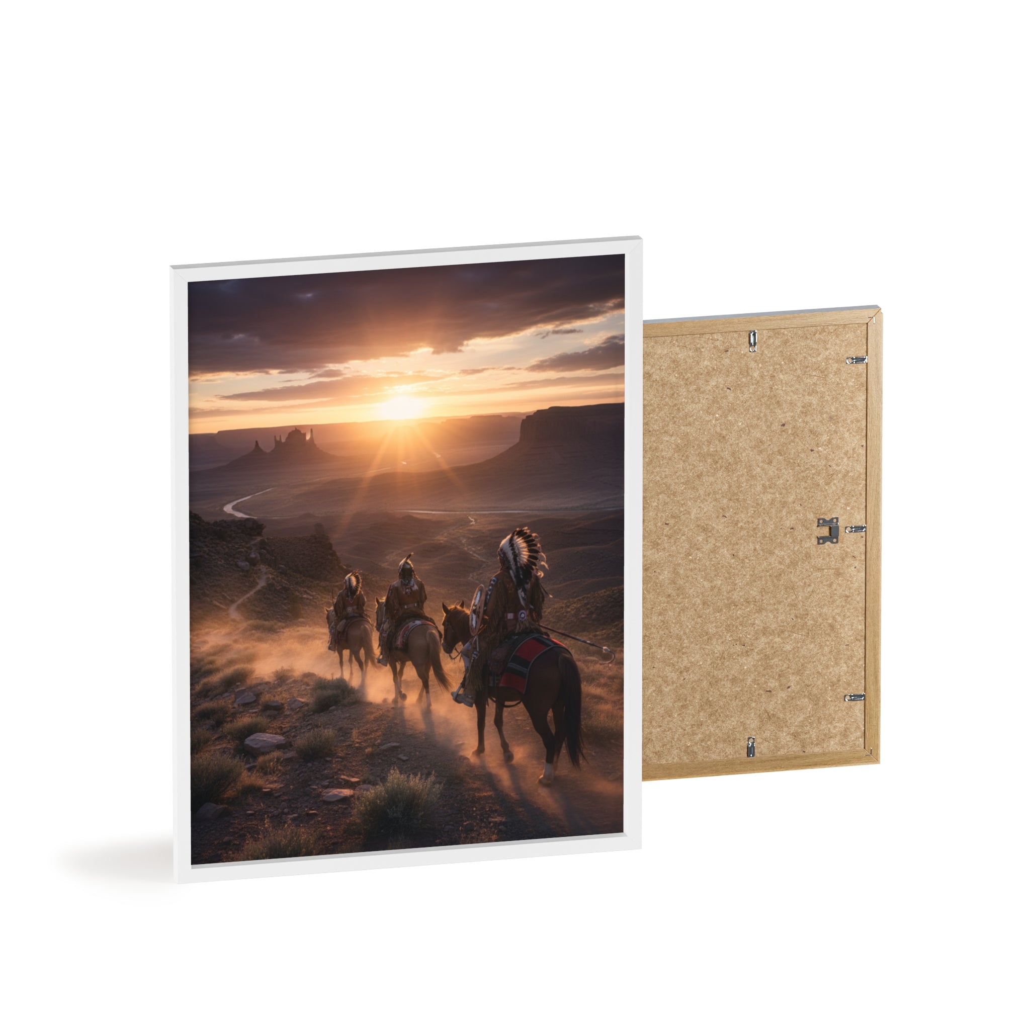 Framed Western Sunset Poster — Native Riders on Horseback Wall Art