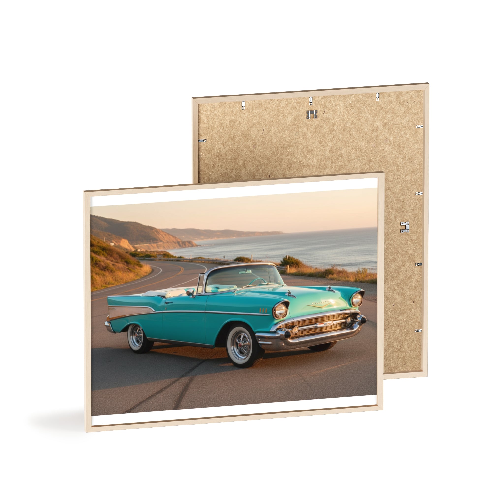 Vintage Teal Classic Car Poster with Wooden Frame — Coastal Road Print
