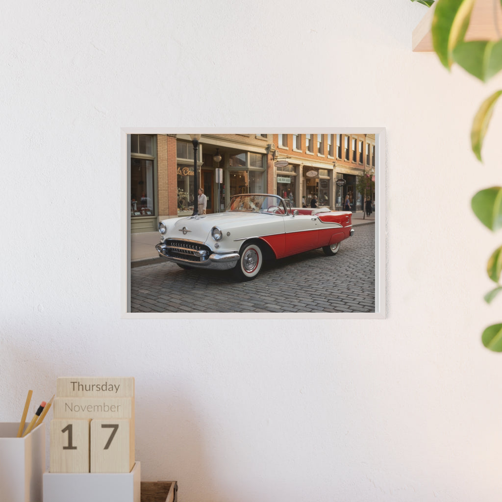 Vintage Red & White Convertible Poster with Wooden Frame — Retro Car Wall Art