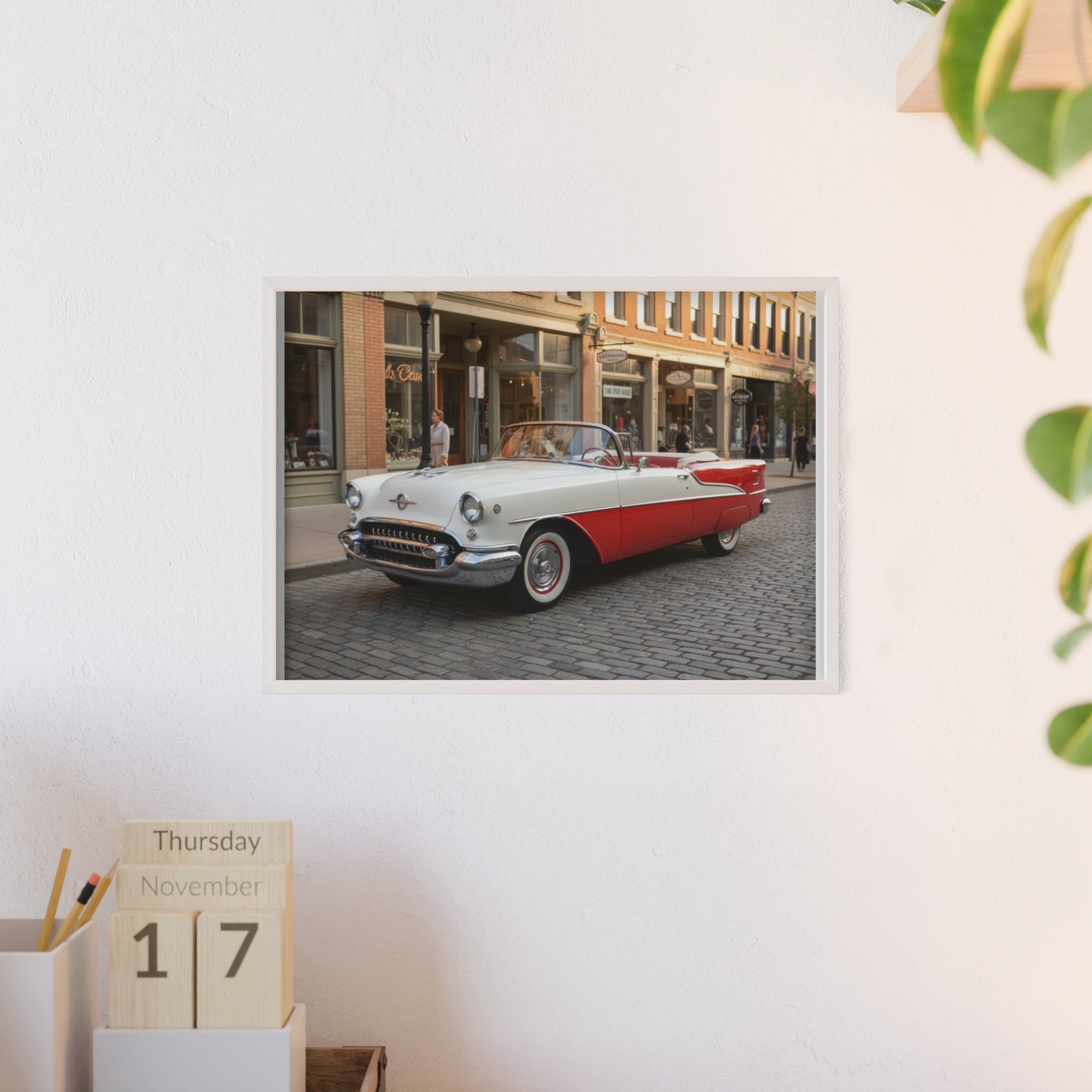 Vintage Red & White Convertible Poster with Wooden Frame — Retro Car Wall Art