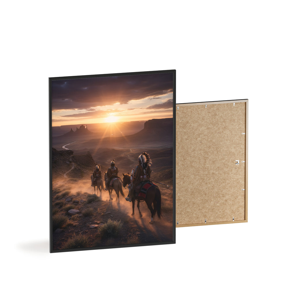 Framed Western Sunset Poster — Native Riders on Horseback Wall Art